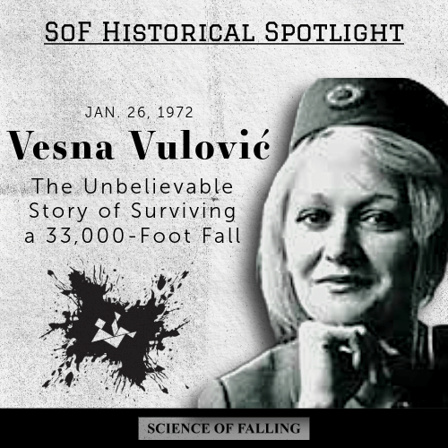 Cover photo for blog about Vesna Vulovic's historic 33,000 foot fall with head shot over her in style of old newspaper