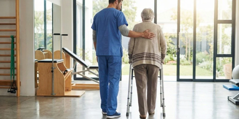 physical therapist walking with patient using a walker