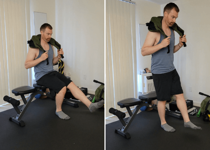 dr. brent pritt demonstrating bulgarian sandbag single leg squat