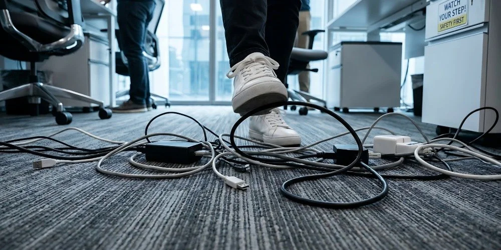 person stepping over cluttered wires