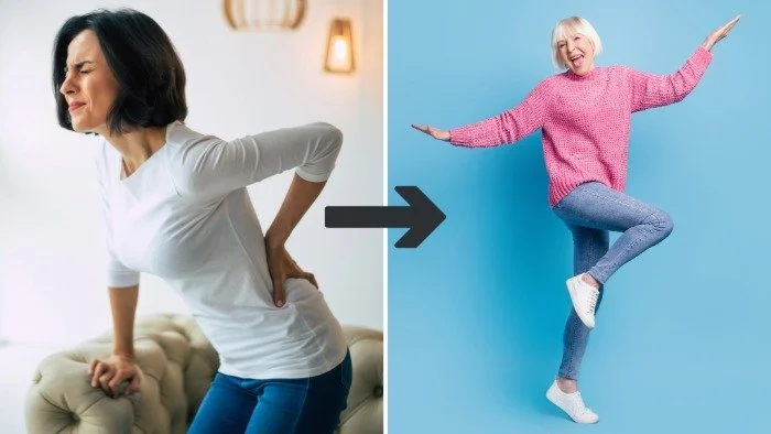 image of woman with back pain holding her back then an arrow pointing to happy older woman standing on one leg