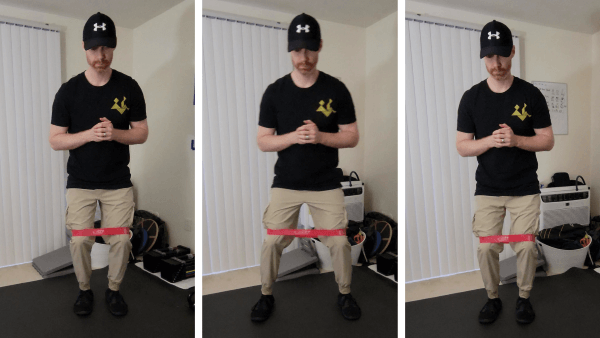 man with band around knees walking sideways