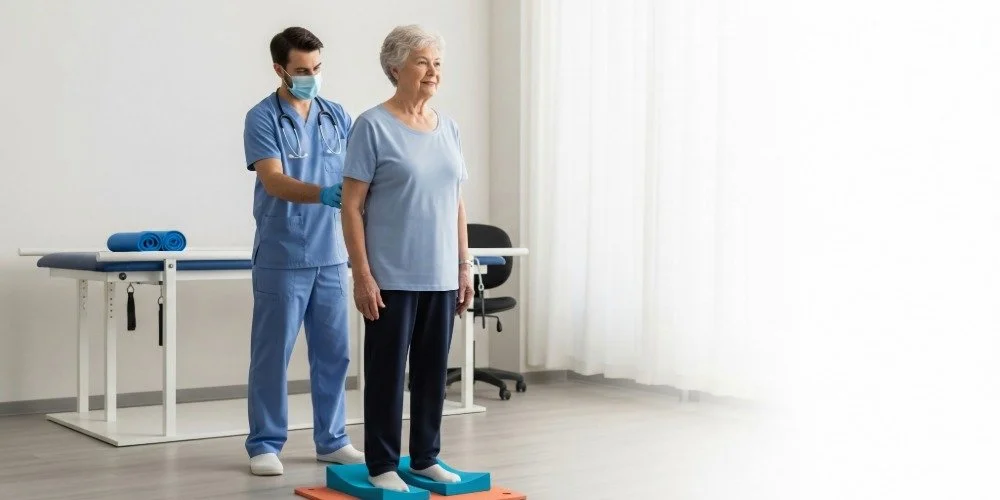 healthcare worker testing patient's balance