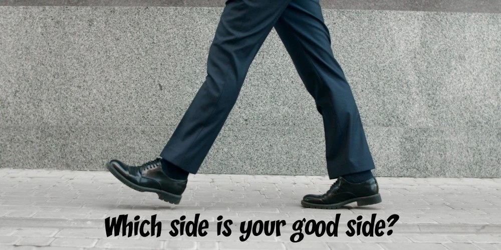 person walking with the question, "Which side is your good side?" displayed underneath