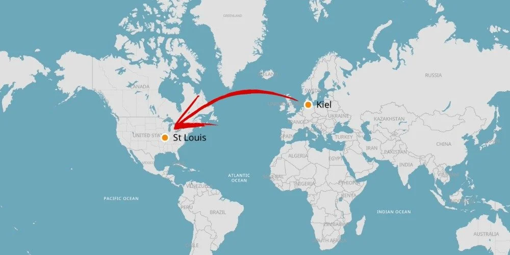 image of world map depiciting kiel, germany to st. louis missouri