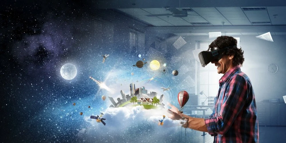man wearing a VR headset looking at a virtual world