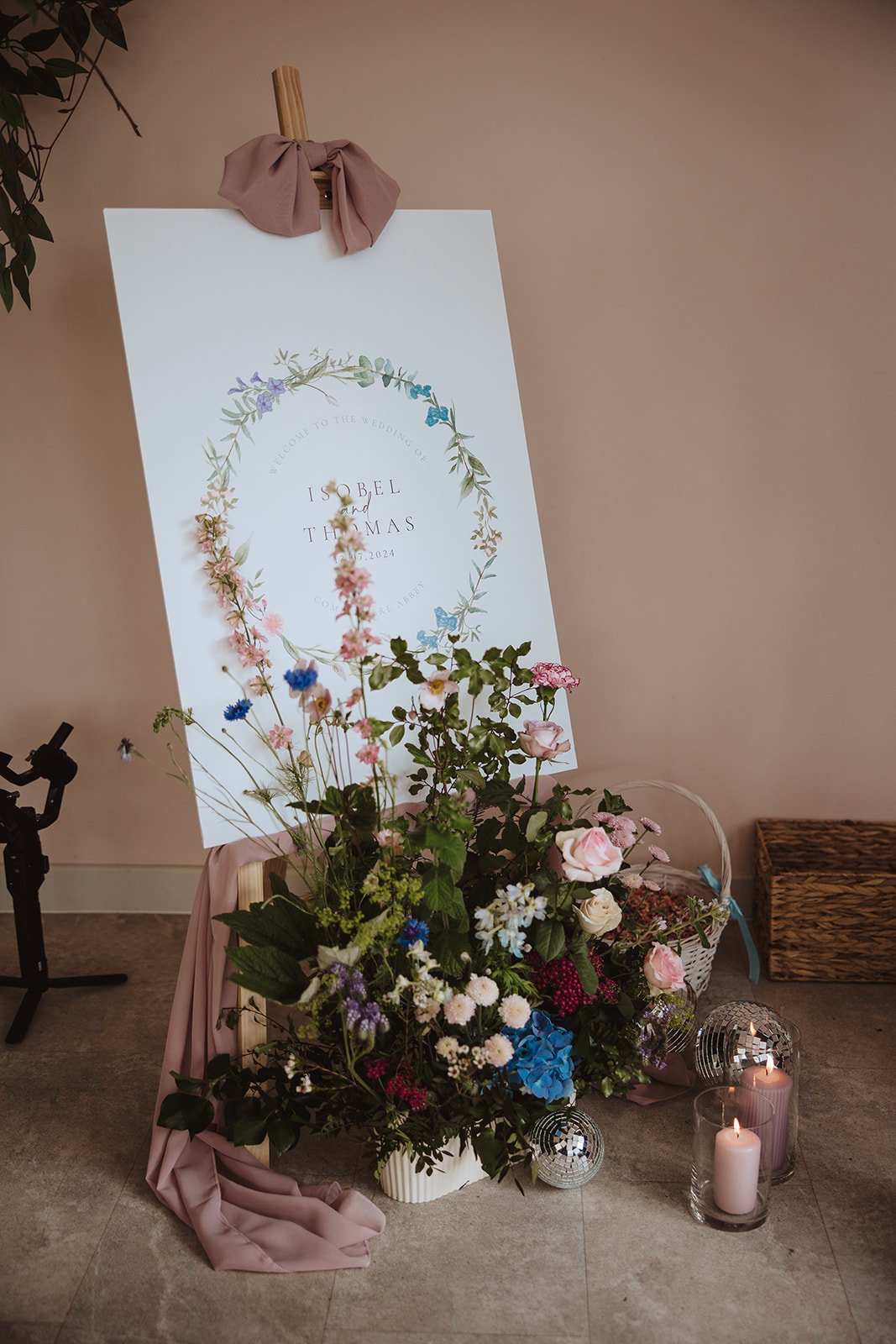 Personalised welcome signage for wedding at Combermere Abbey in Cheshire