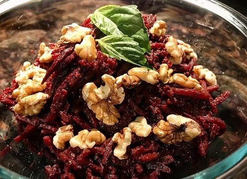Spiralized Beets with Pesto and Walnuts