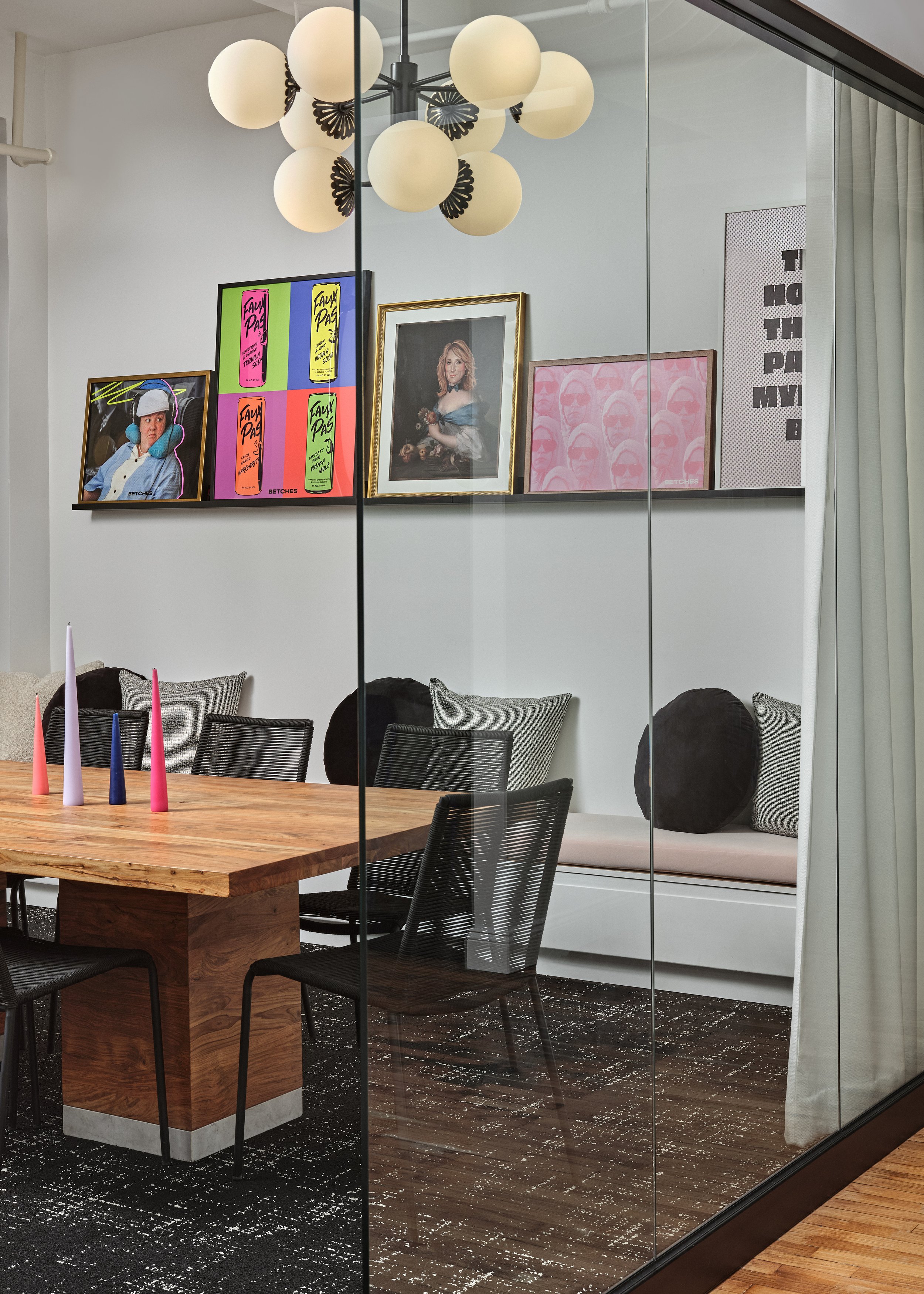 Custom artwork in large conference room from Betches office Flatiron New York designed by Molly Torres Portnof of DATE Interiors Long Island designer