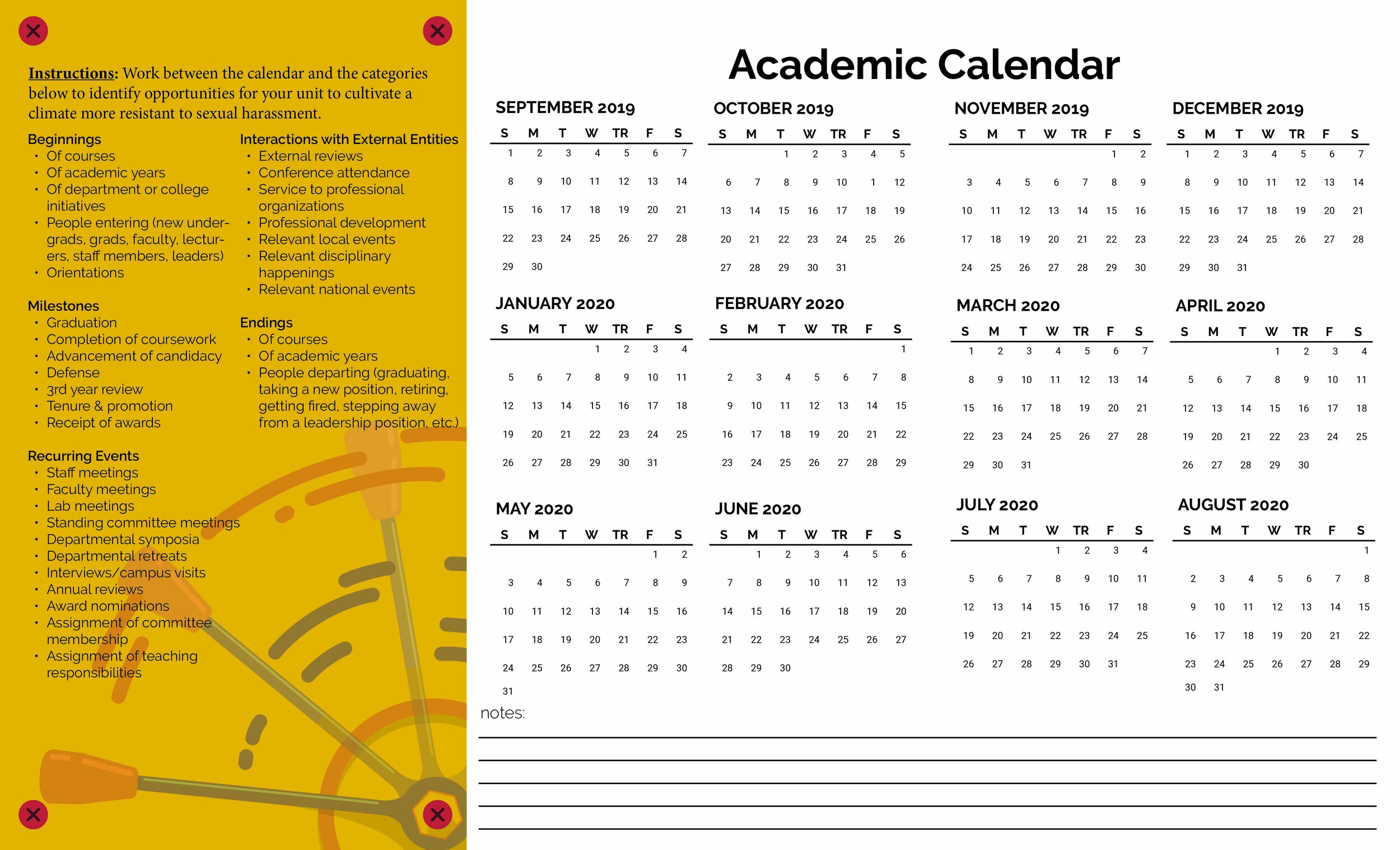 Sexual Misconduct calendar trifold (inside) to promote future thinking for those in leadership to continue doing the work to combat this campus climate issue.