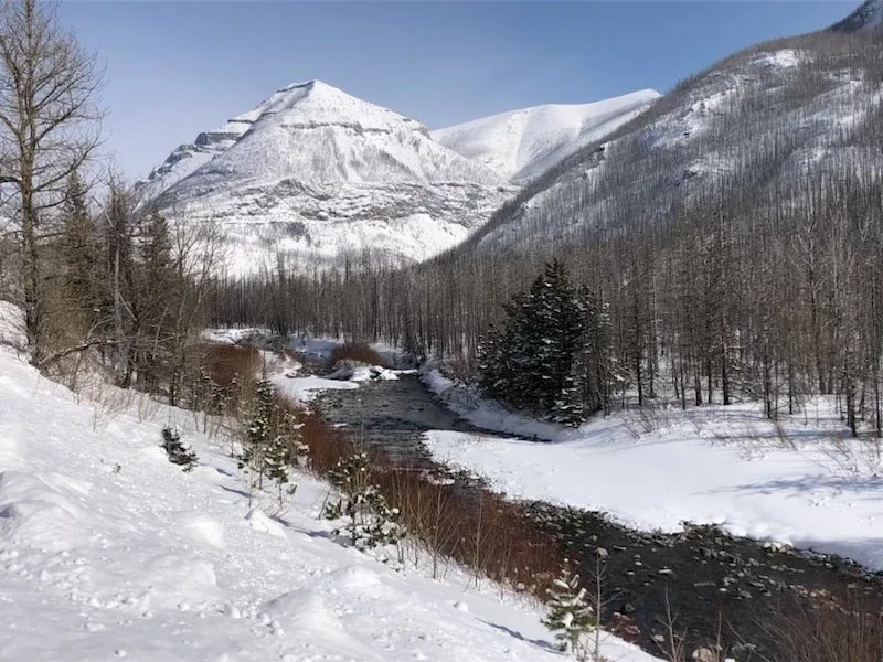 Snow-covered mountain landscape with a winding river flowing through a winter valley.