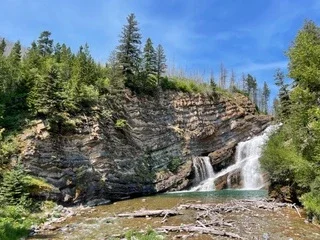 Scenic waterfall cascading through a rocky canyon surrounded by evergreen trees in Glacier National Park.