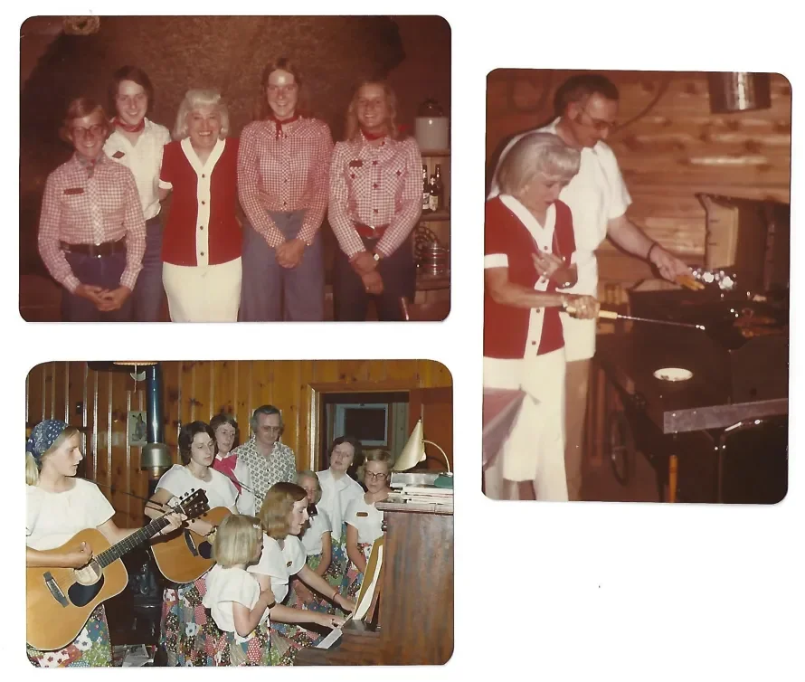 Vintage photographs showing staff, family gatherings, musical performances, and hospitality traditions from the early years of Corner Mountain Inn, highlighting its history of community, entertainment, and guest experiences.