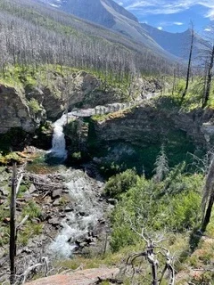 Waterfall flowing through a forested canyon with rocky cliffs and recovering vegetation in Glacier National Park.