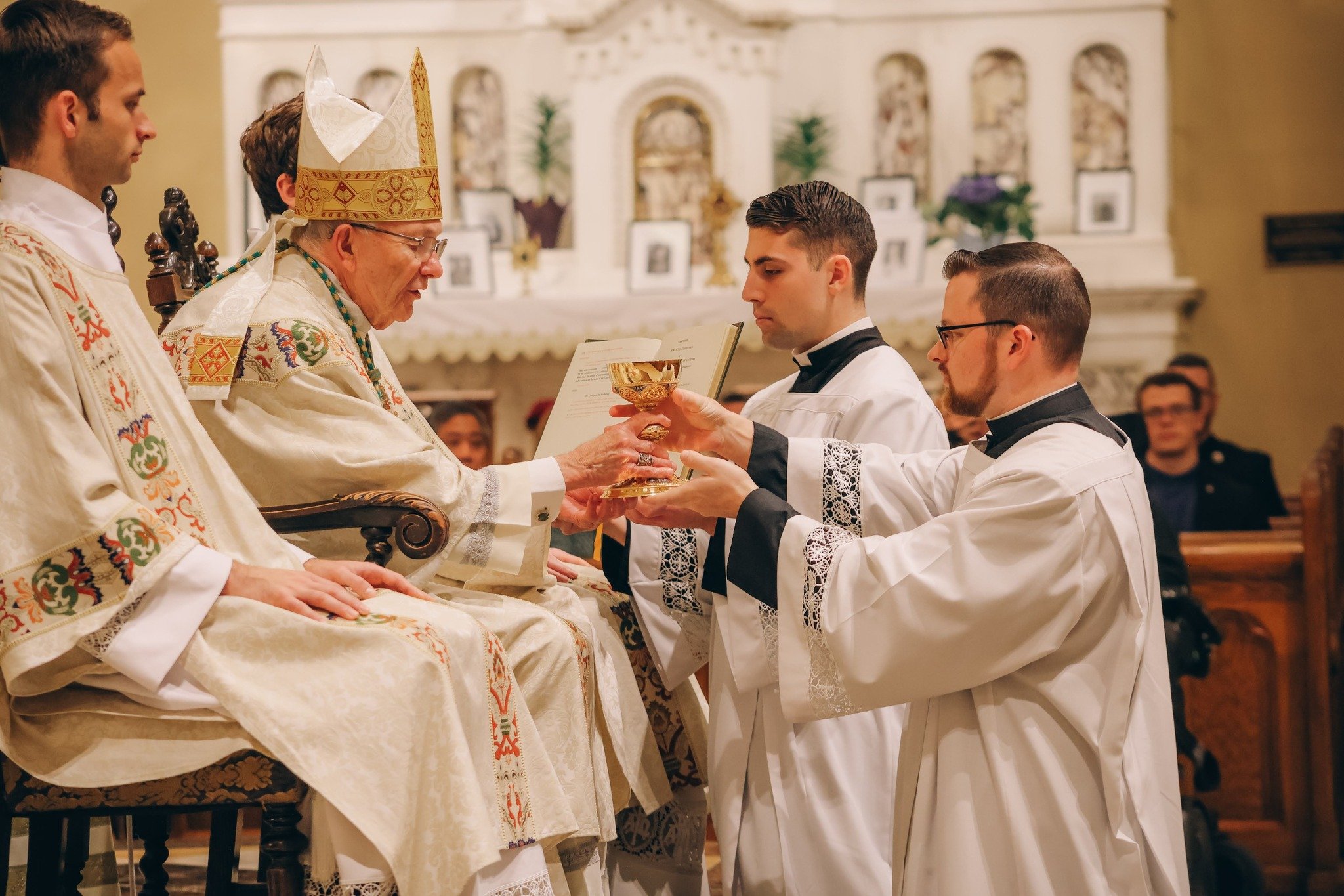 This past Saturday, Youth Apostles seminarians Jim Harbour, YA, Sean Mazary, YA, and Eric McDade, YA were instituted into the ministry of acolyte at Mount St. Mary's Seminary by Bishop Douglas Deshotel of the @diocese_of_lafayette. This is their fina