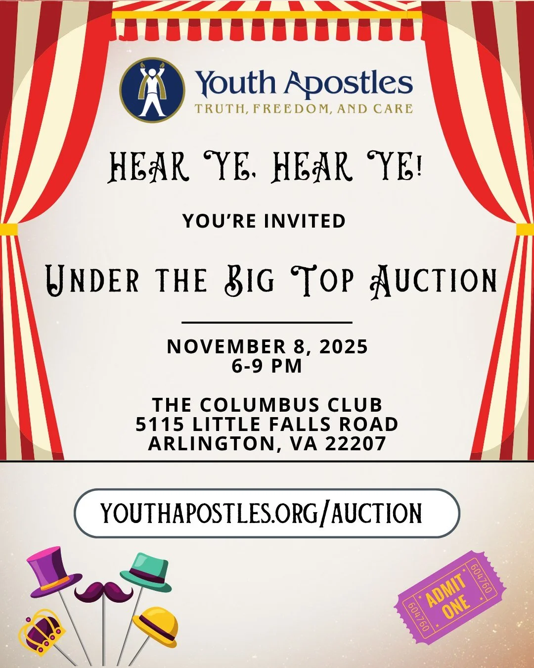 🎪 It&rsquo;s almost time to go Under the Big Top!
Join us for an evening of carnival-inspired fun, live and silent auctions, and fellowship&mdash;all to support the incredible mission of Youth Apostles.

📆 Saturday, Nov. 8 | 6&ndash;9 p.m.
📍 Colum