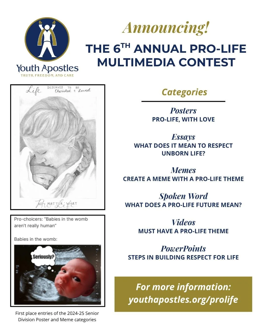 The 6th Annual Pro-life Multimedia Contest closes in ONE WEEK! We invite students to find ways to showcase the dignity of human life in one (or ALL) of six categories.

Check out more details at our website: youthapostles.org/prolife

Submissions are