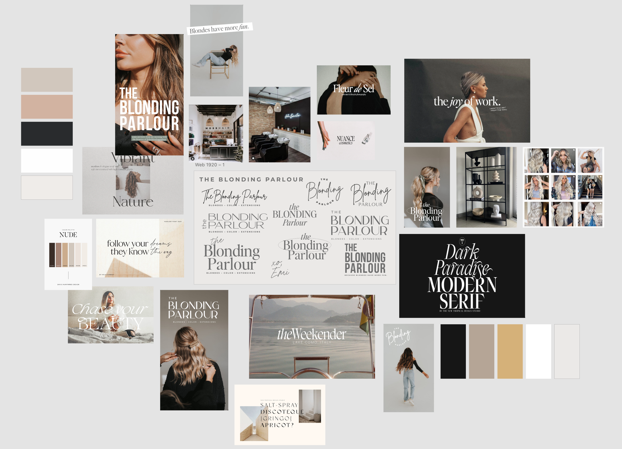 A collage featuring various elements related to a beauty or hair salon called "The Blonding Parlour." Includes images of hairstyles, fonts, color swatches, and interior design. Also features phrases like "Chase your beauty," and "Blondes have more fun."
