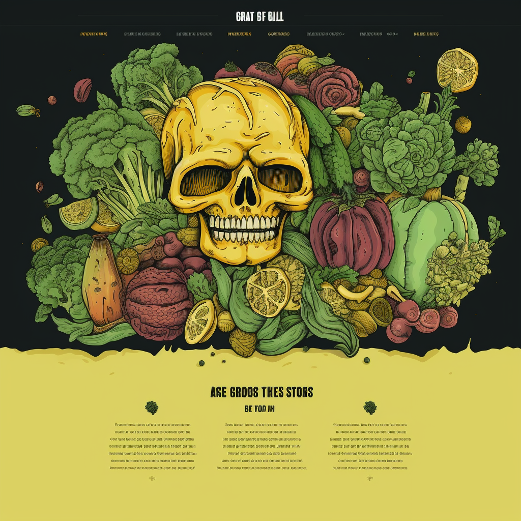 Illustration of a yellow skull surrounded by various vegetables and fruits like broccoli, cauliflower, lemons, and peppers, on a dark background with text at the bottom.