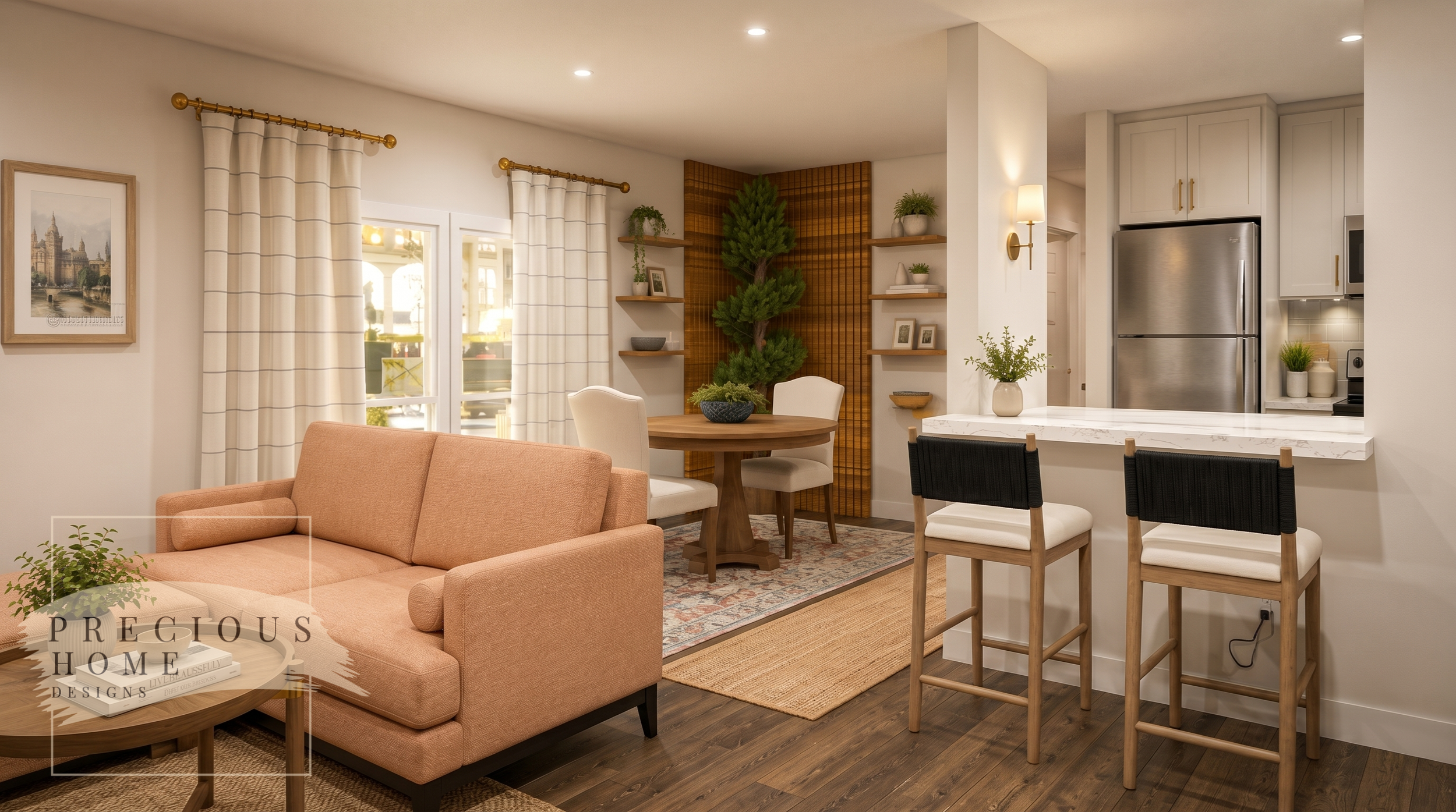Designed to maximize flow and functionality, this open-concept great room seamlessly connects the kitchen, dining, and living spaces. Custom styling, layered textures, and a cohesive palette create visual continuity throughout the apartment. The desi