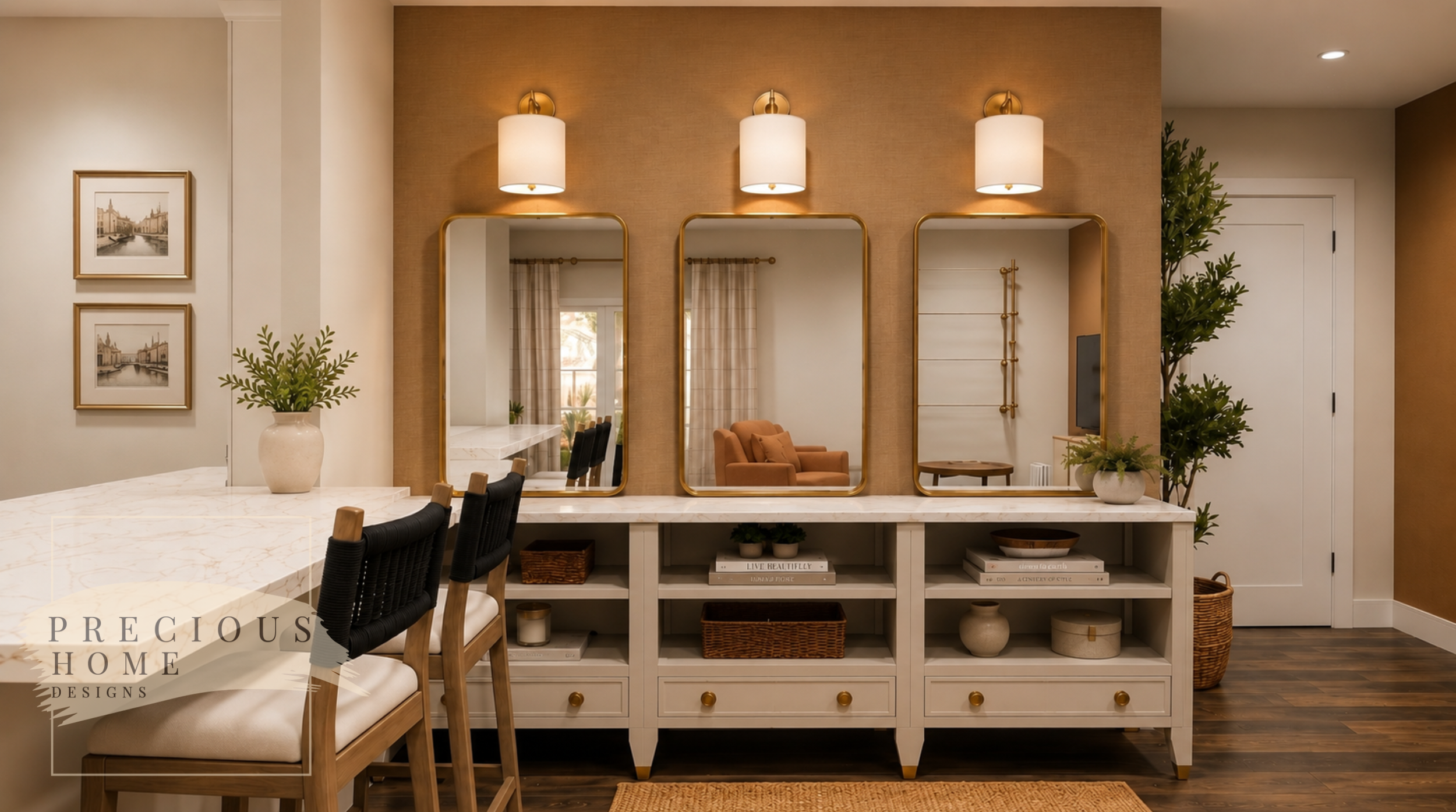 A custom multifunctional feature wall designed to maximize style and storage within a rental apartment. Three oversized mirrors, integrated shelving, brass accents, and a marble-inspired countertop create a sophisticated entertaining space while visu