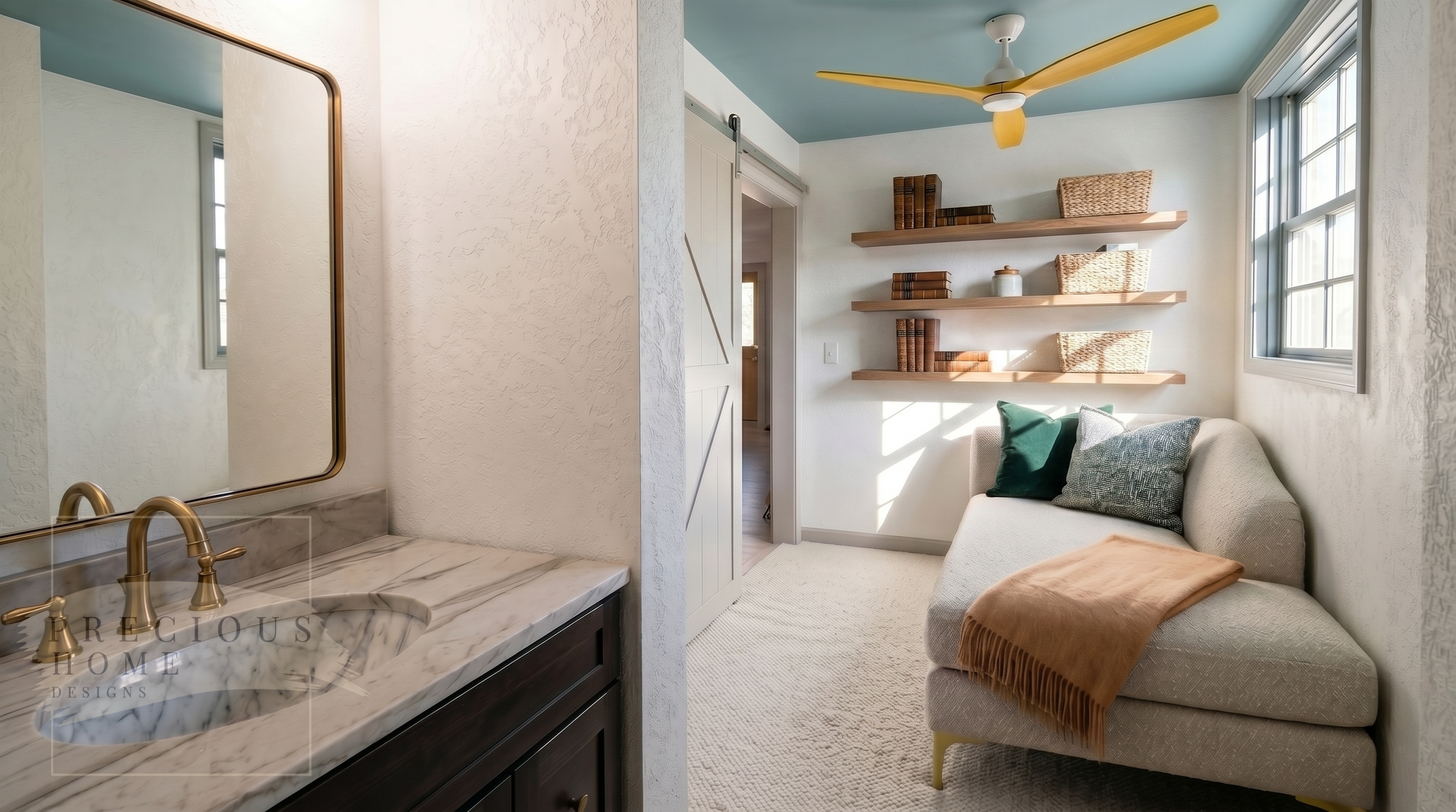 Designed with both comfort and functionality in mind, this guest bedroom features a cozy twin chaise lounge, integrated open shelving for linen storage, and space-saving barn doors that add architectural charm. Every detail was carefully selected to 