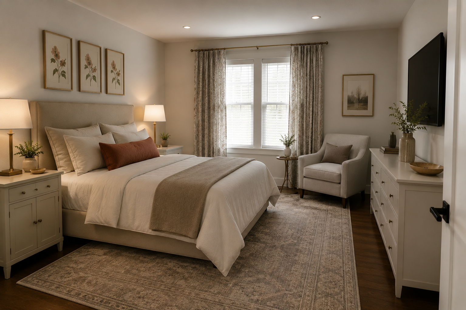 A serene guest bedroom designed for a luxury bed and breakfast experience. Soft neutral furnishings, layered textiles, custom window treatments, and thoughtful space planning create a boutique hotel atmosphere within a compact tiny home footprint.