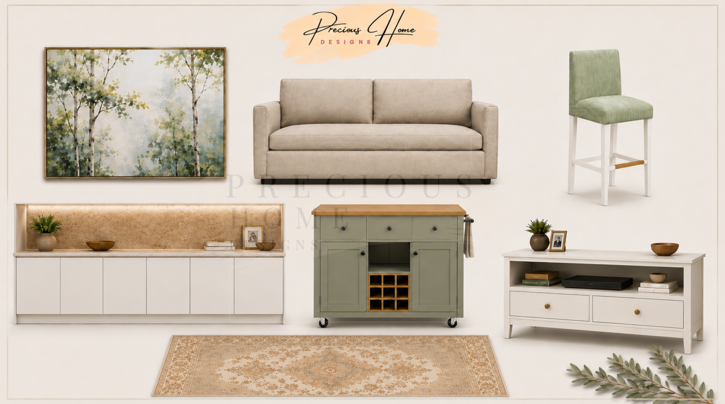This inviting great room balances comfort and efficiency through strategic space planning and multifunctional furnishings. Soft neutral upholstery, custom artwork, and natural materials create a refined hospitality environment tailored for short-term