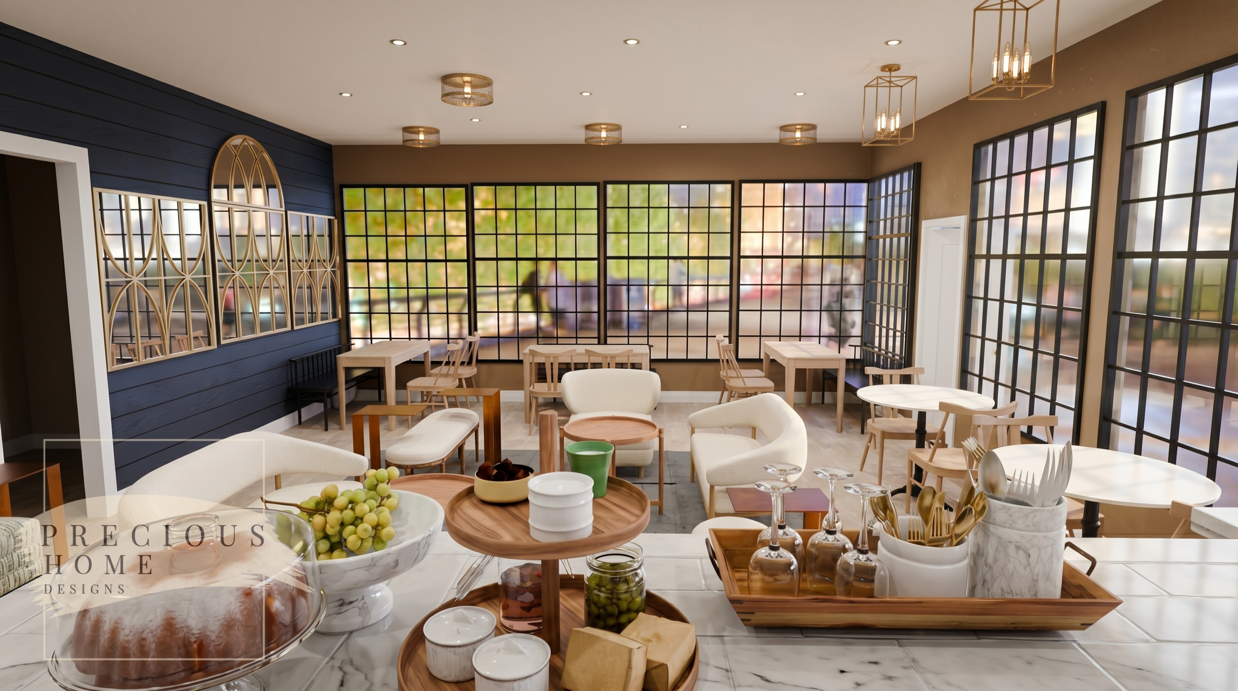 Warm wood tones, soft upholstery, and elegant lighting establish a sophisticated European café atmosphere while supporting efficient circulation and a memorable customer experience.