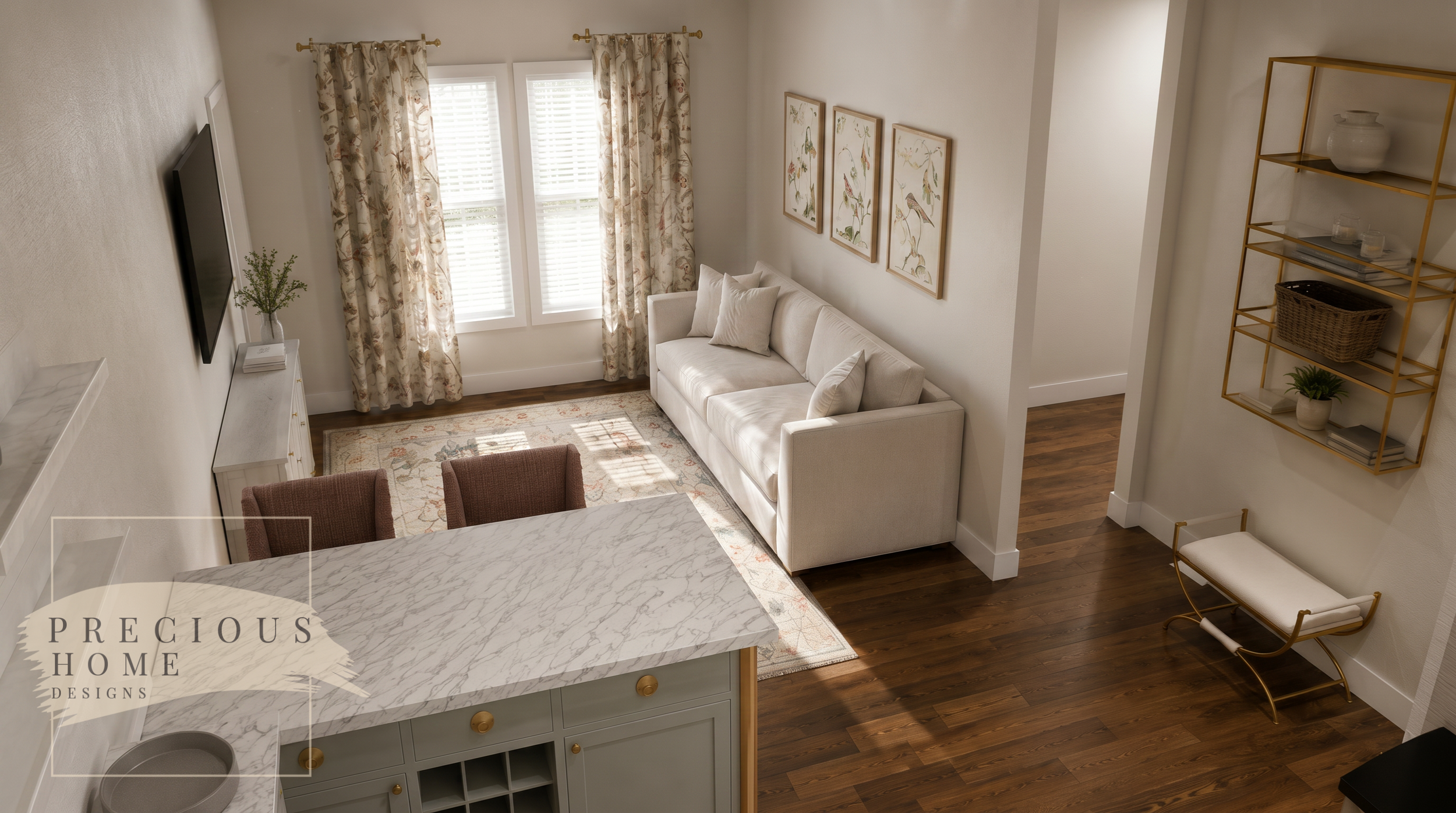 This open-concept living and kitchen design demonstrates how strategic furniture layouts, multifunctional spaces, and custom finish selections can transform a compact rental property into a welcoming guest retreat that feels significantly larger than