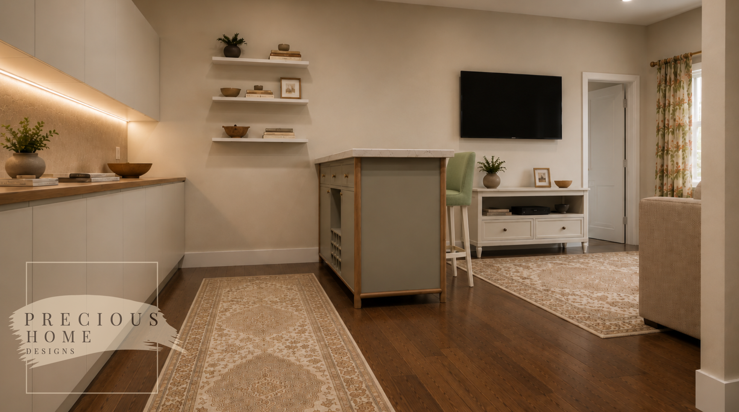 Designed to maximize every square foot, this open-concept living space combines a functional kitchen, dining peninsula, and comfortable seating area. Warm finishes, custom millwork, and layered lighting create a welcoming environment that feels spaci