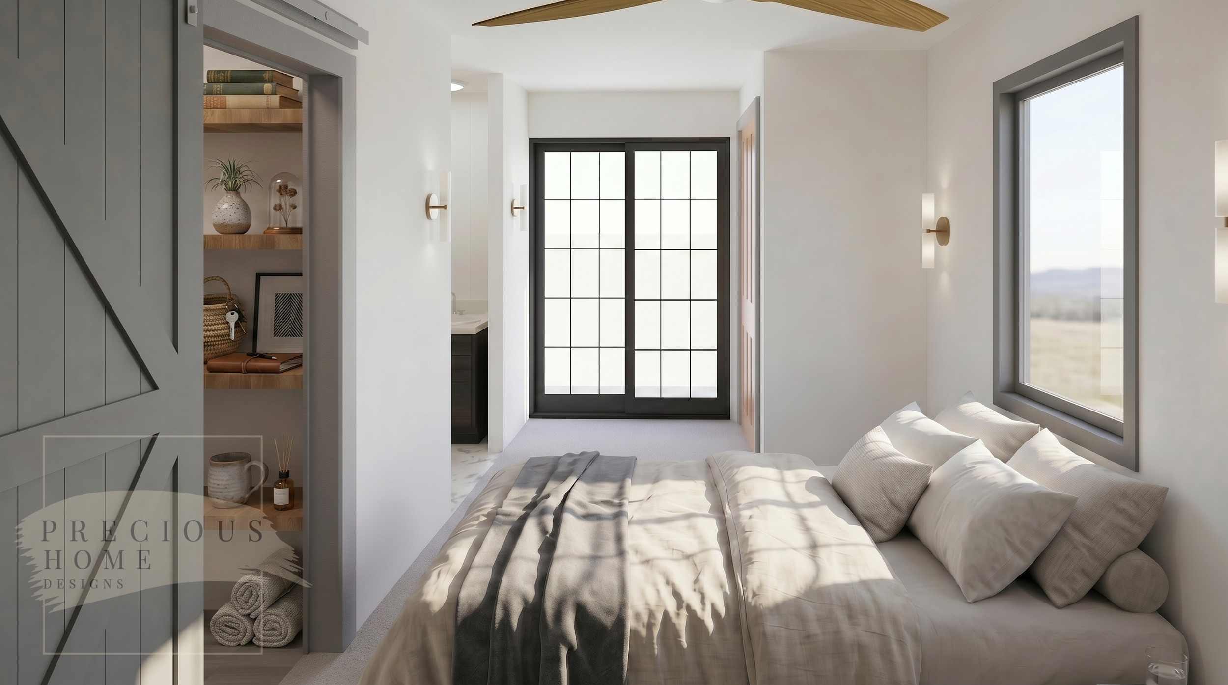 This serene primary suite comfortably accommodates a queen-sized bed while maintaining an airy, retreat-like atmosphere. Expansive double patio doors flood the room with natural light and provide seamless access to the outdoors, blurring the line bet