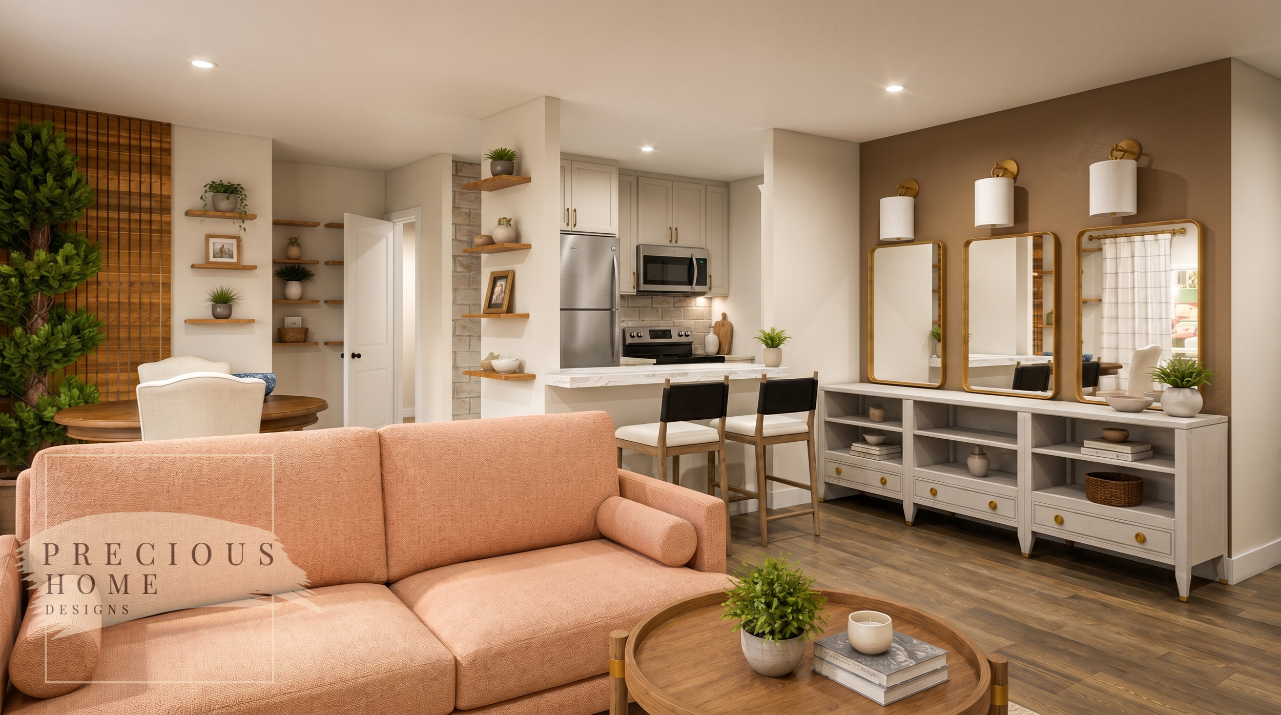 This comprehensive apartment redesign transformed a standard rental into a sophisticated home tailored to a young professional's lifestyle. The project emphasizes multifunctional living, strategic storage solutions, and timeless furnishings that elev