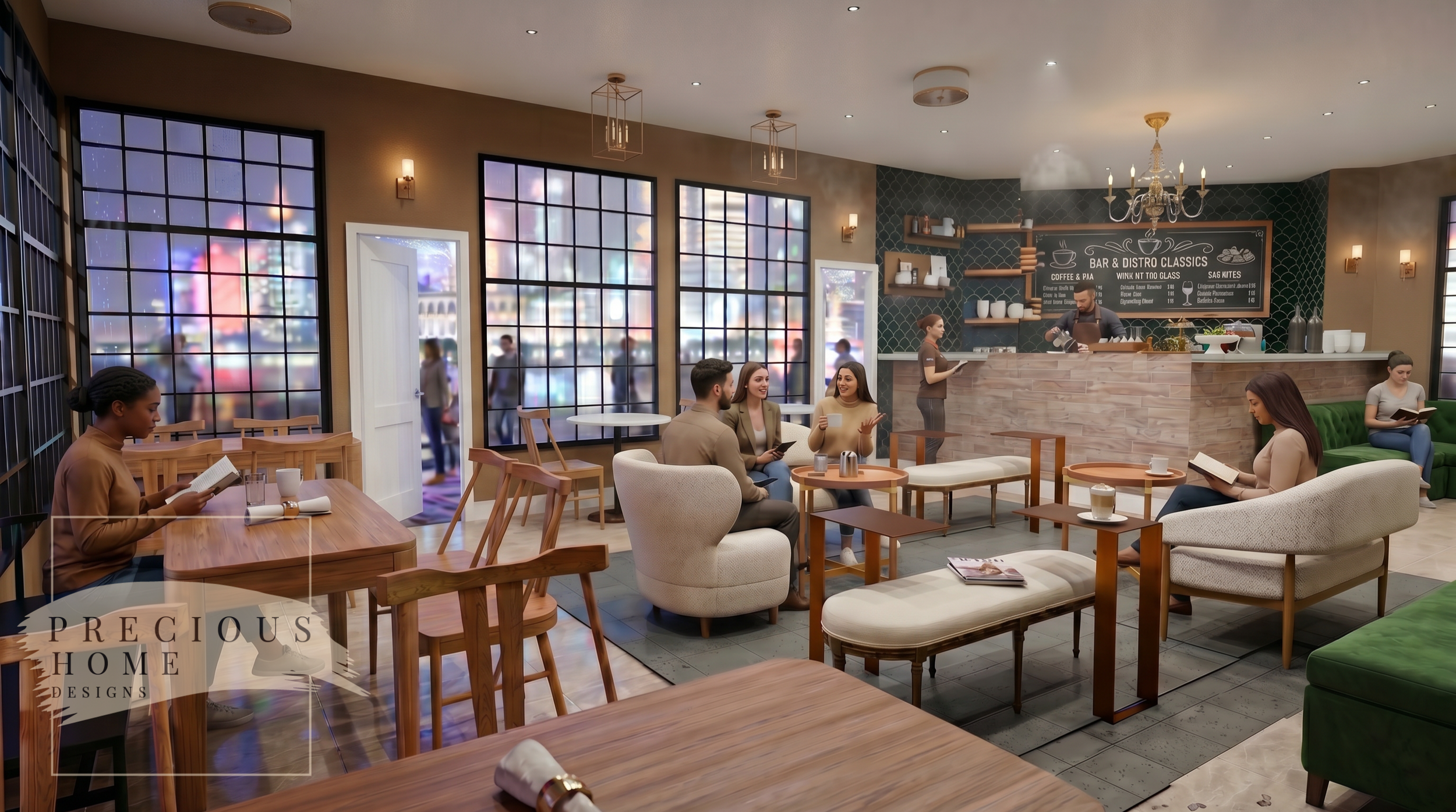 French-inspired bakery lounge featuring custom banquette seating, curated botanical artwork, and layered hospitality furnishings designed to encourage conversation, comfort, and extended guest visits.