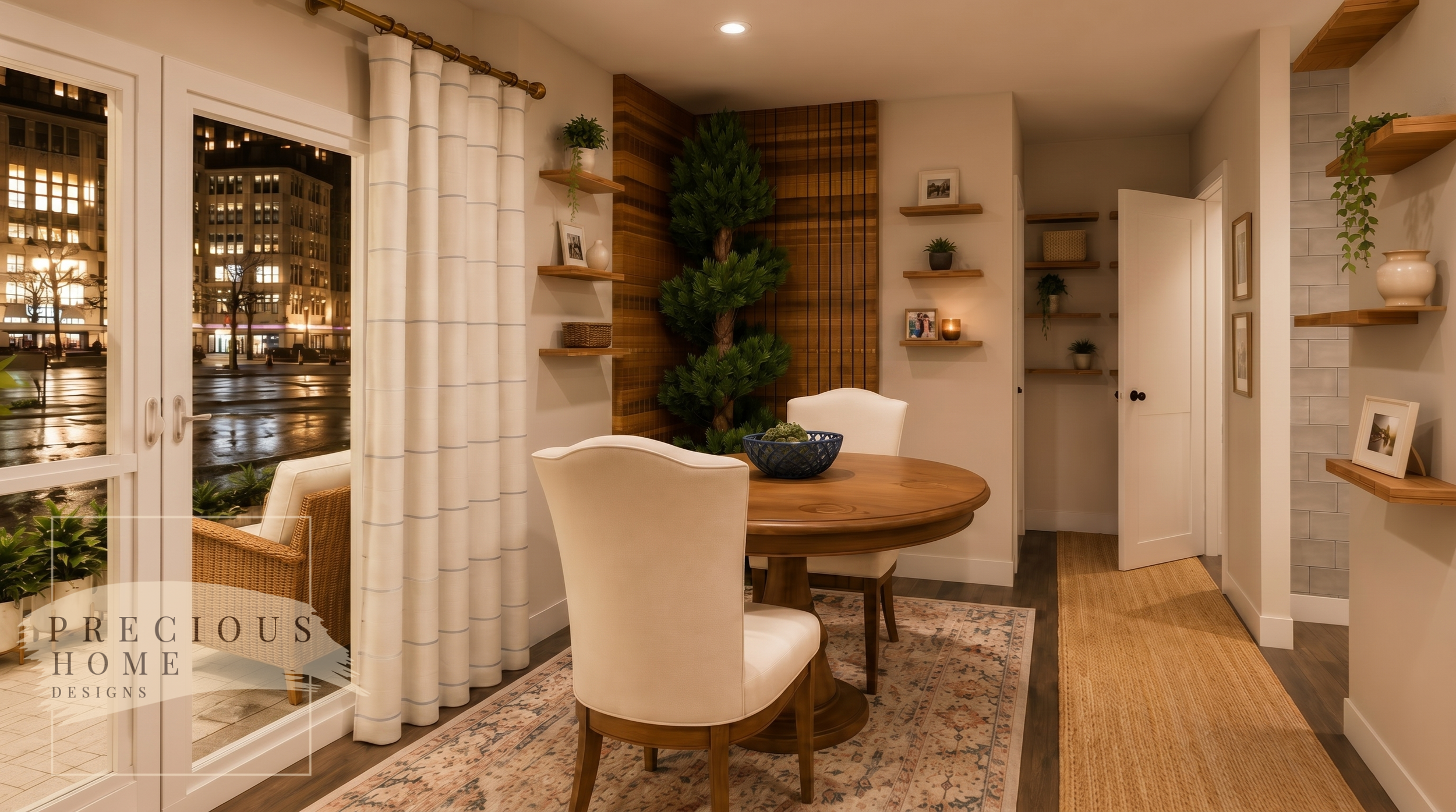 This intimate dining space was designed to encourage gathering and connection. A sculptural indoor tree, wood slat accent wall, layered lighting, and floating shelves create visual interest while defining the dining area within the open-concept floor