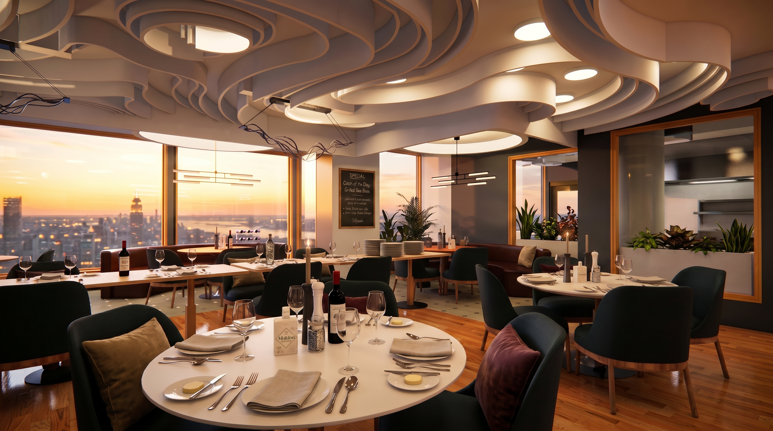 Intimate dining spaces balance privacy and comfort.
