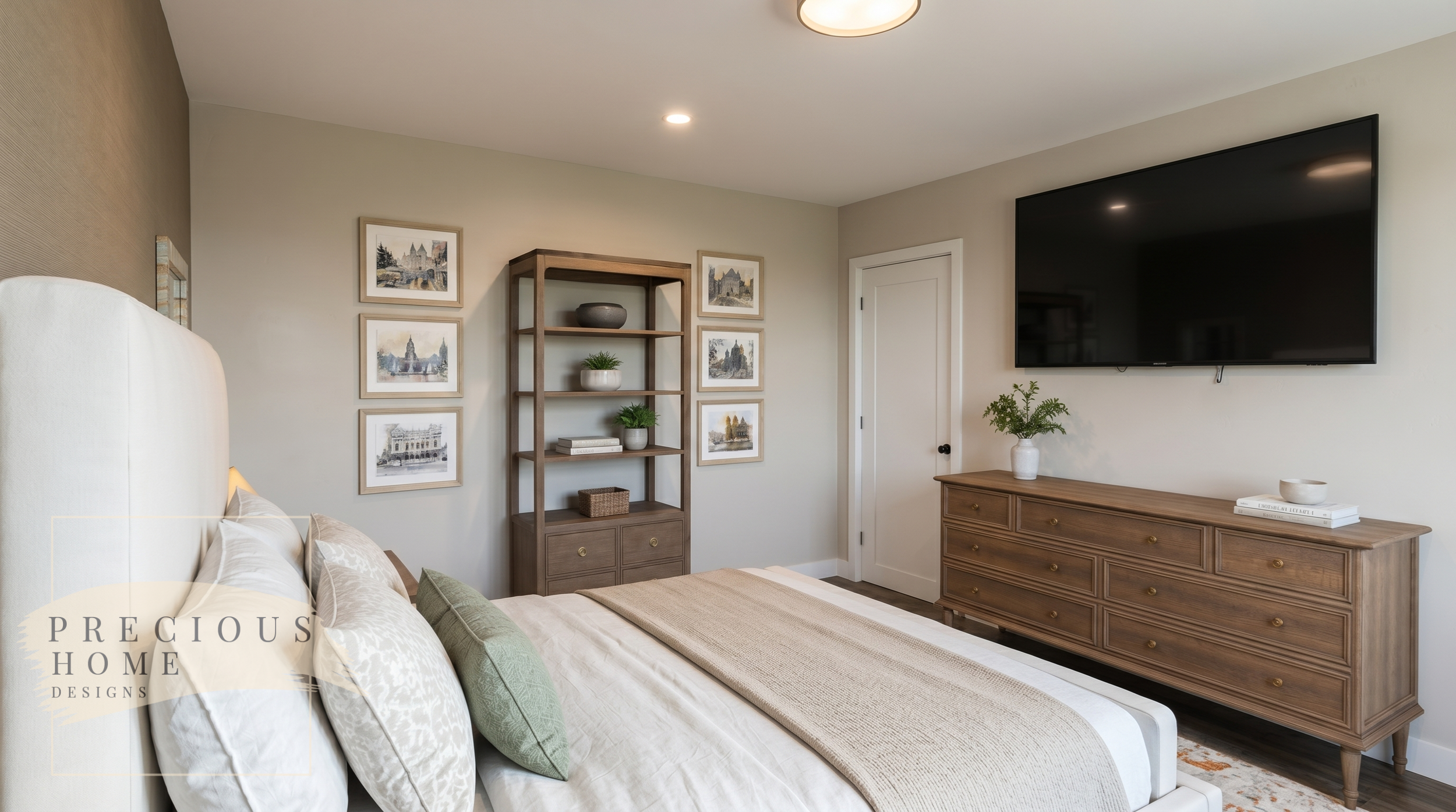 Designed for both relaxation and functionality, this bedroom incorporates custom furniture selections, integrated storage, and a large media wall. Warm wood tones, tailored styling, and balanced proportions create a cohesive space that supports every