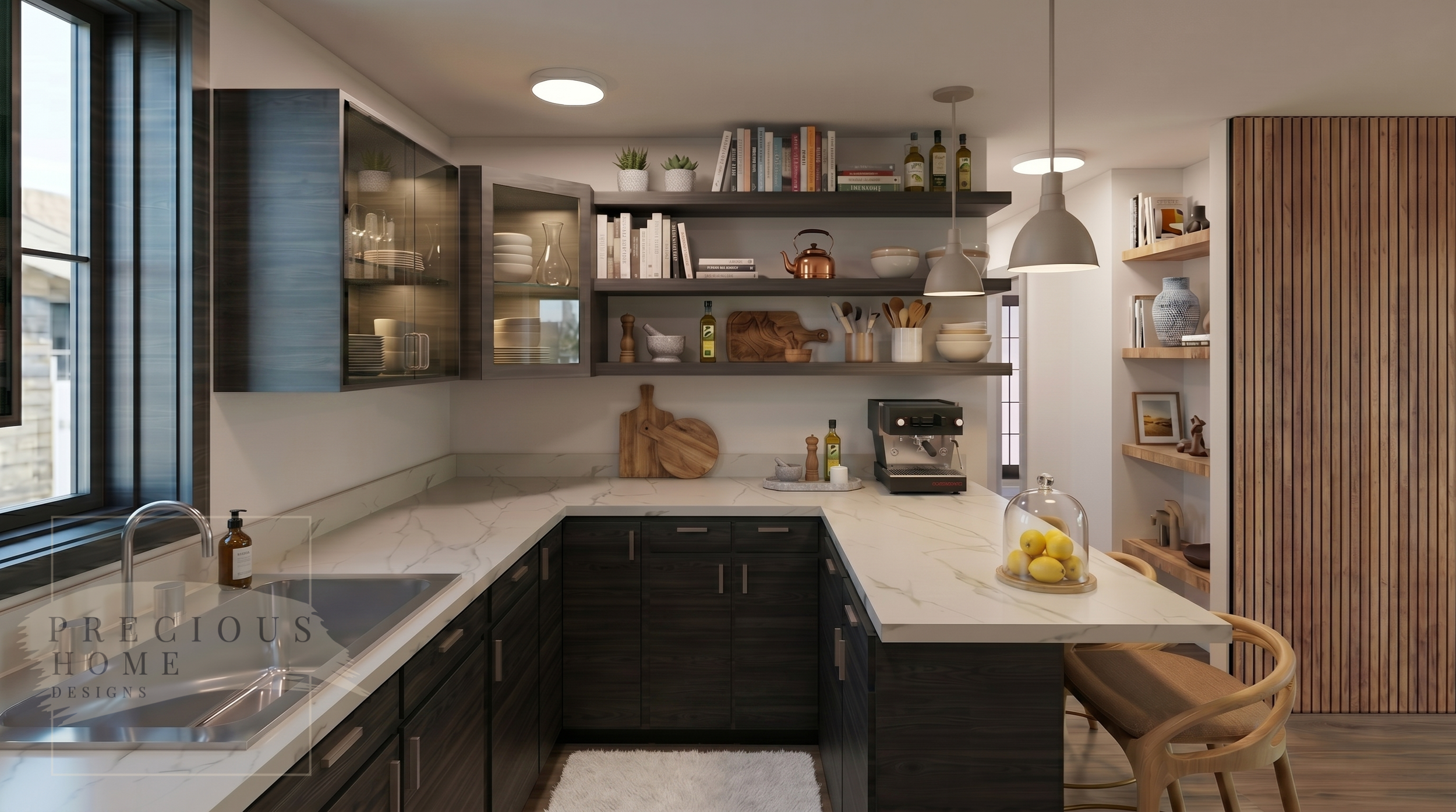 Custom cabinetry, floating display shelves, and durable quartz countertops come together to create a kitchen that feels elevated yet practical. Thoughtful storage solutions and layered finishes transform this compact footprint into a sophisticated sp