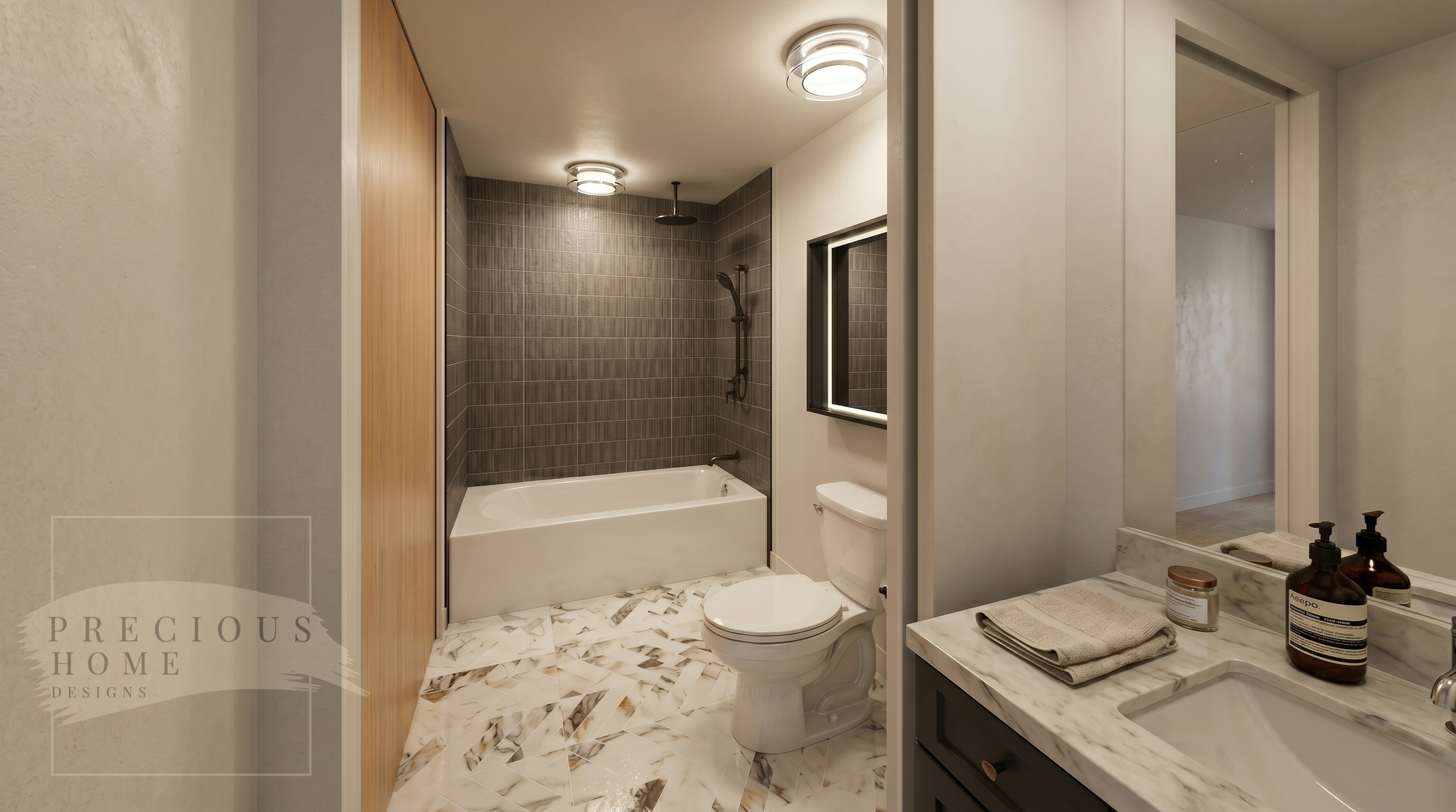 This sophisticated Jack-and-Jill bathroom pairs striking chocolate-toned wavy tile with timeless marble-inspired surfaces for a refined, spa-like experience. Contemporary fixtures, thoughtful lighting, and durable finishes elevate this shared bathroo