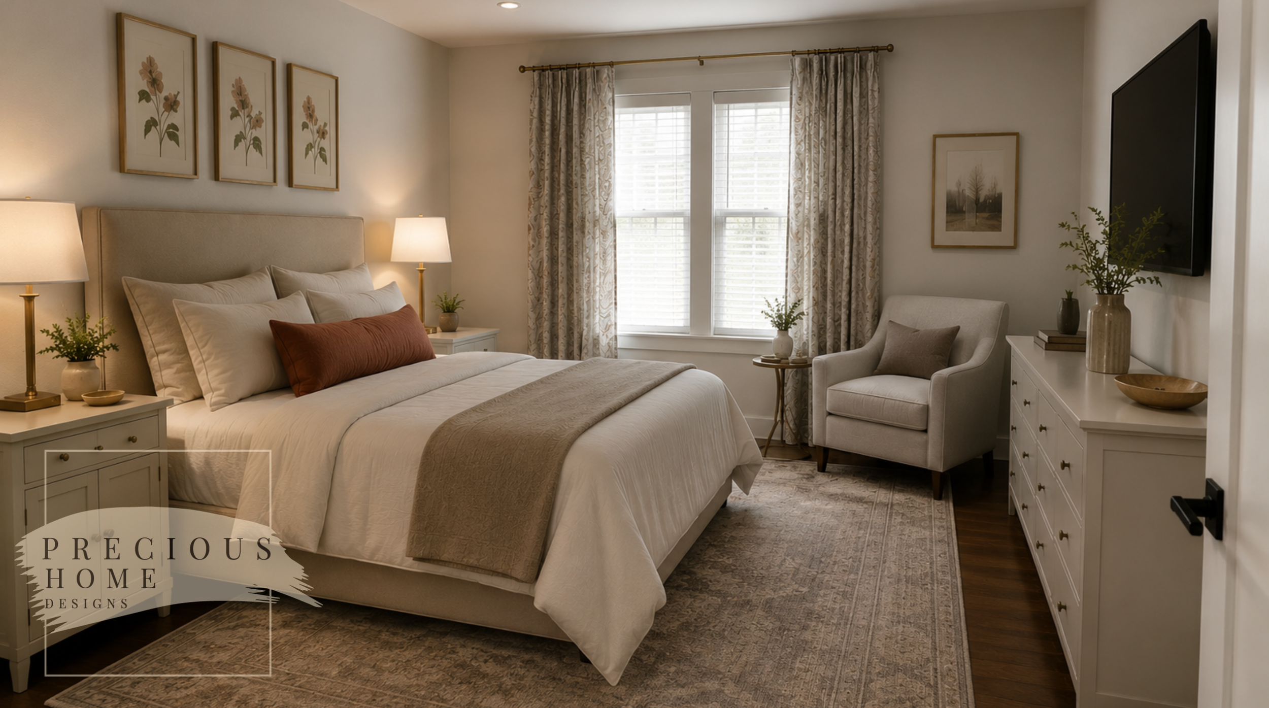 A serene guest bedroom designed for a luxury bed and breakfast experience. Soft neutral furnishings, layered textiles, custom window treatments, and thoughtful space planning create a boutique hotel atmosphere within a compact tiny home footprint.