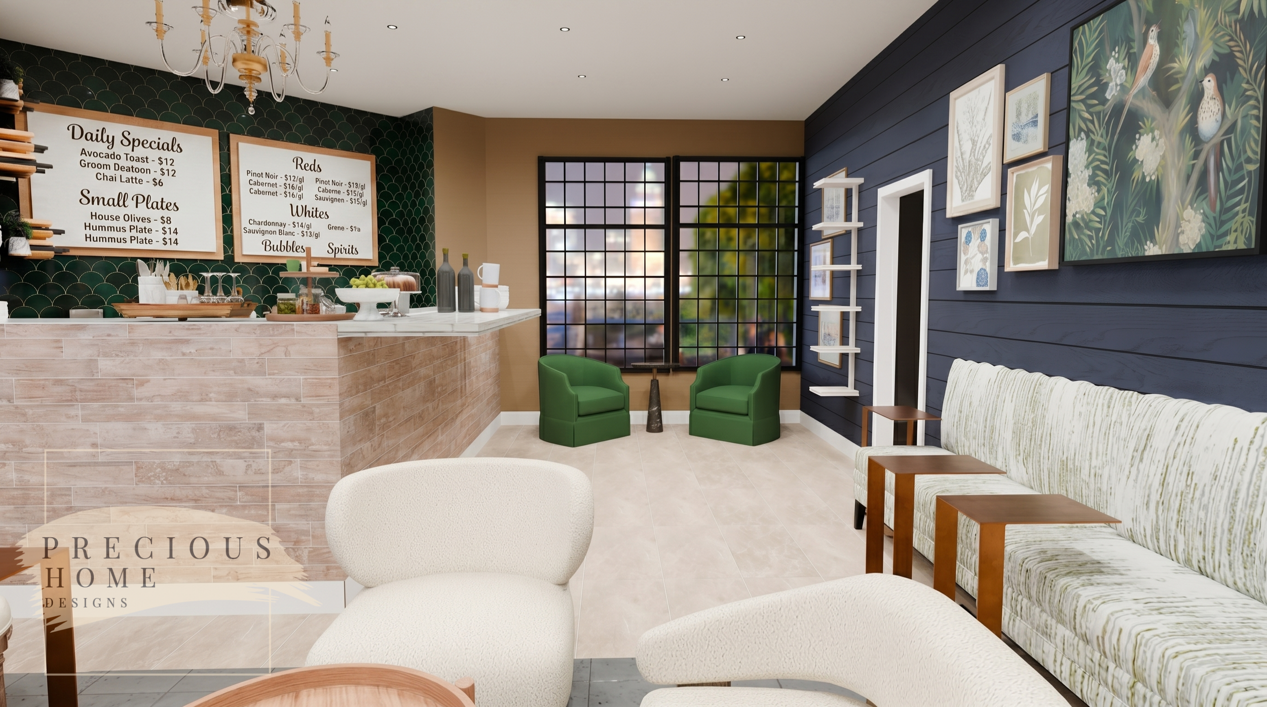 Designed for both daytime and evening service, the café transforms into a warm social destination where layered lighting, comfortable seating, and artisan-inspired details encourage guests to linger longer.