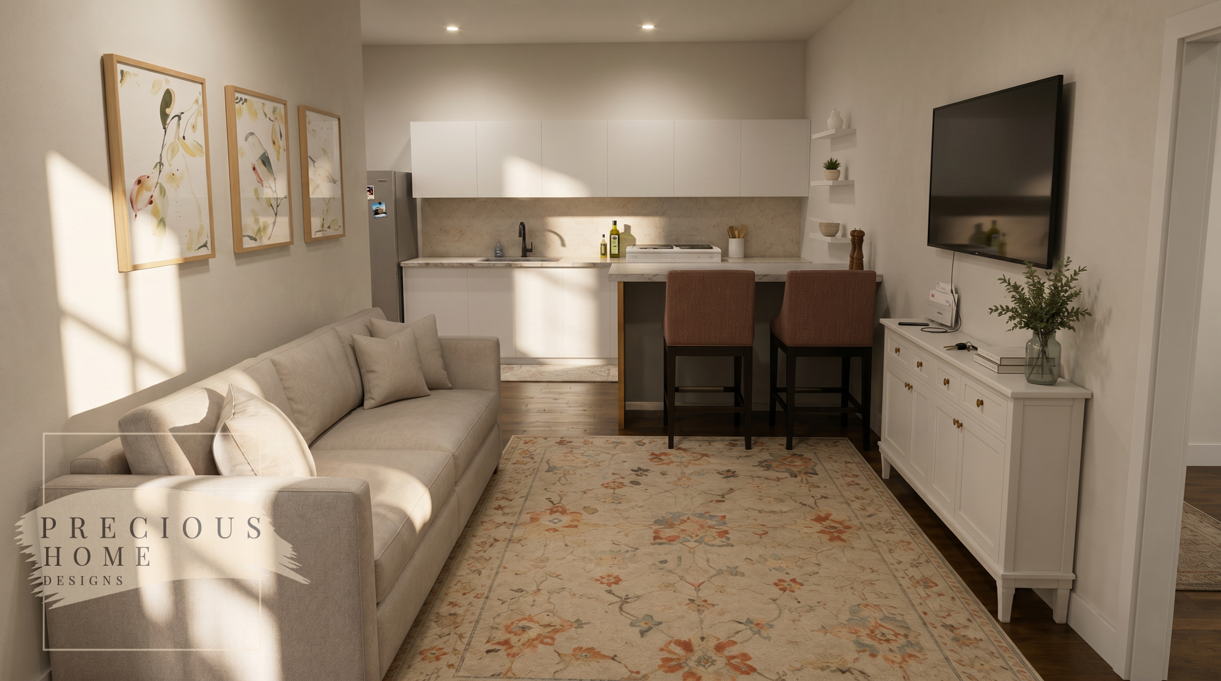A cohesive hospitality interior featuring custom millwork, warm wood flooring, luxury furnishings, and carefully curated décor. Designed to enhance guest satisfaction and rental appeal, this tiny house balances comfort, storage, and sophisticated des