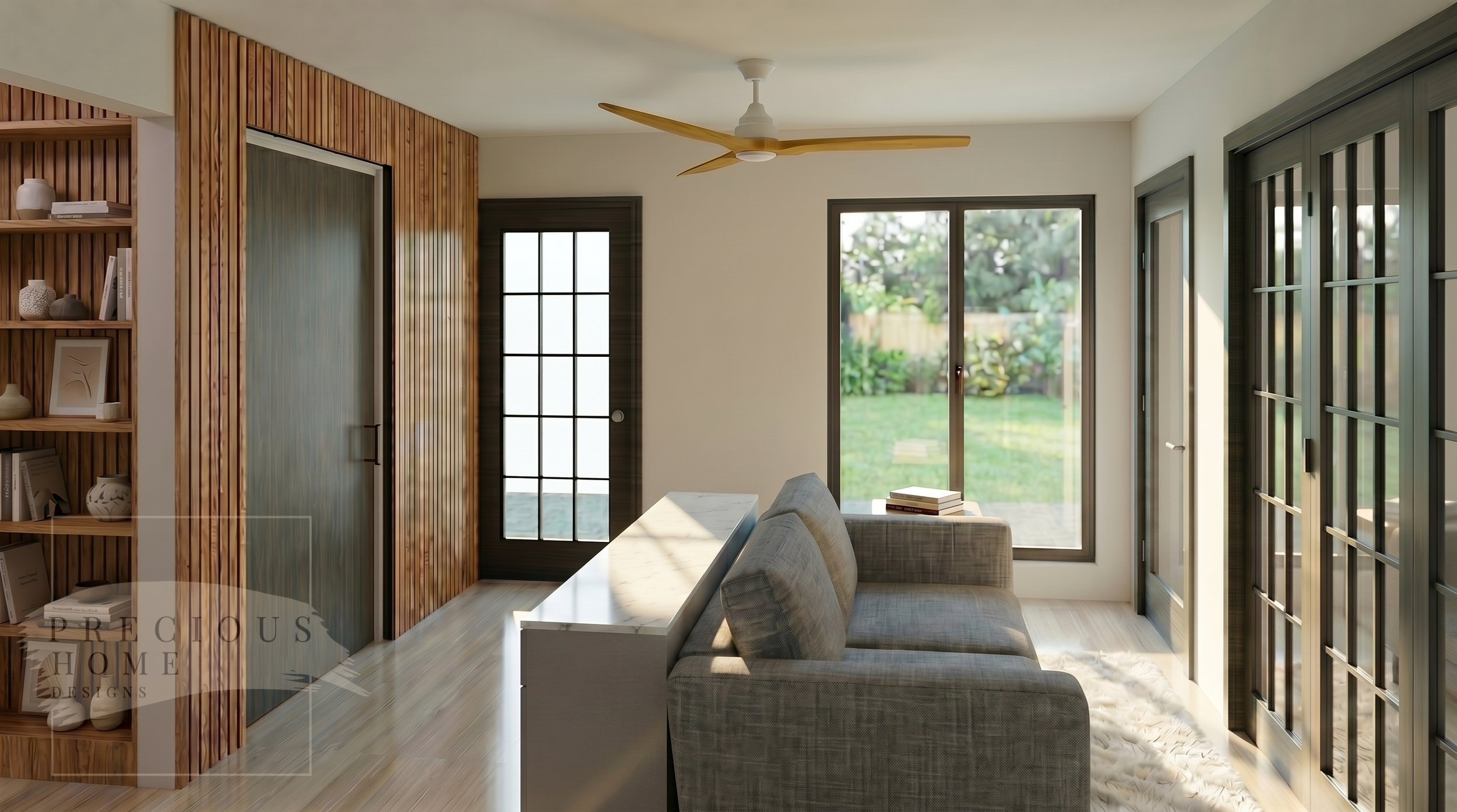 The living area was strategically designed to feel larger than its footprint through the use of abundant natural light, oversized windows, and an efficient furniture layout. The cozy seating arrangement anchors the entertainment wall while preserving