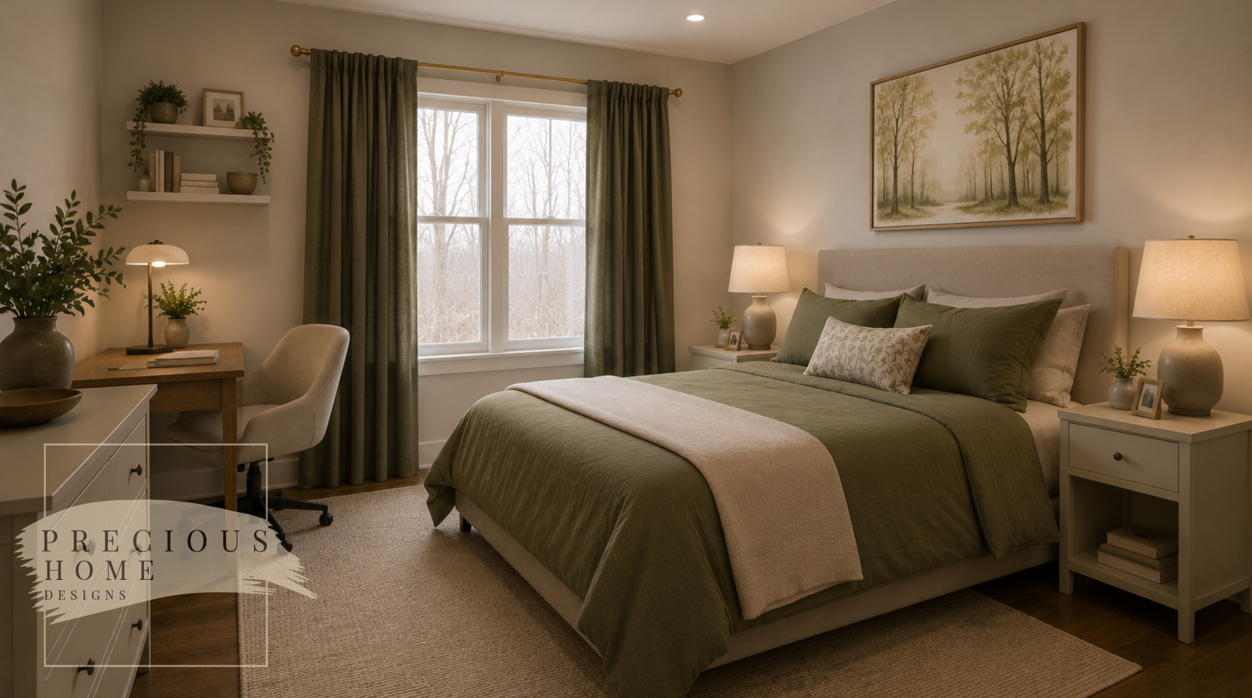 The primary bedroom was designed to evoke the tranquility of a woodland retreat. Sage green bedding, warm wood furnishings, and nature-inspired artwork create a relaxing atmosphere while maintaining the comfort and functionality expected in a luxury 
