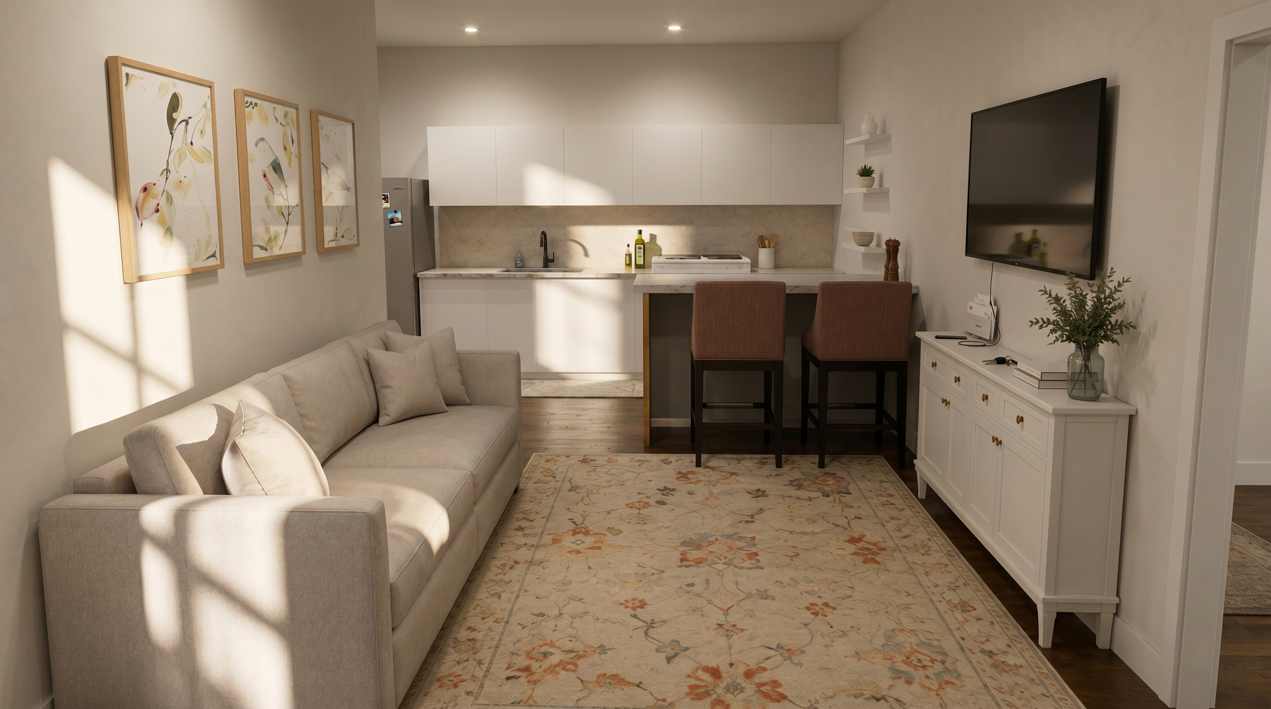 Custom-designed tiny house kitchen featuring modern cabinetry, quartz-inspired countertops, integrated dining, and open-concept living. Created for a boutique bed and breakfast property, this hospitality-focused interior maximizes storage, functional