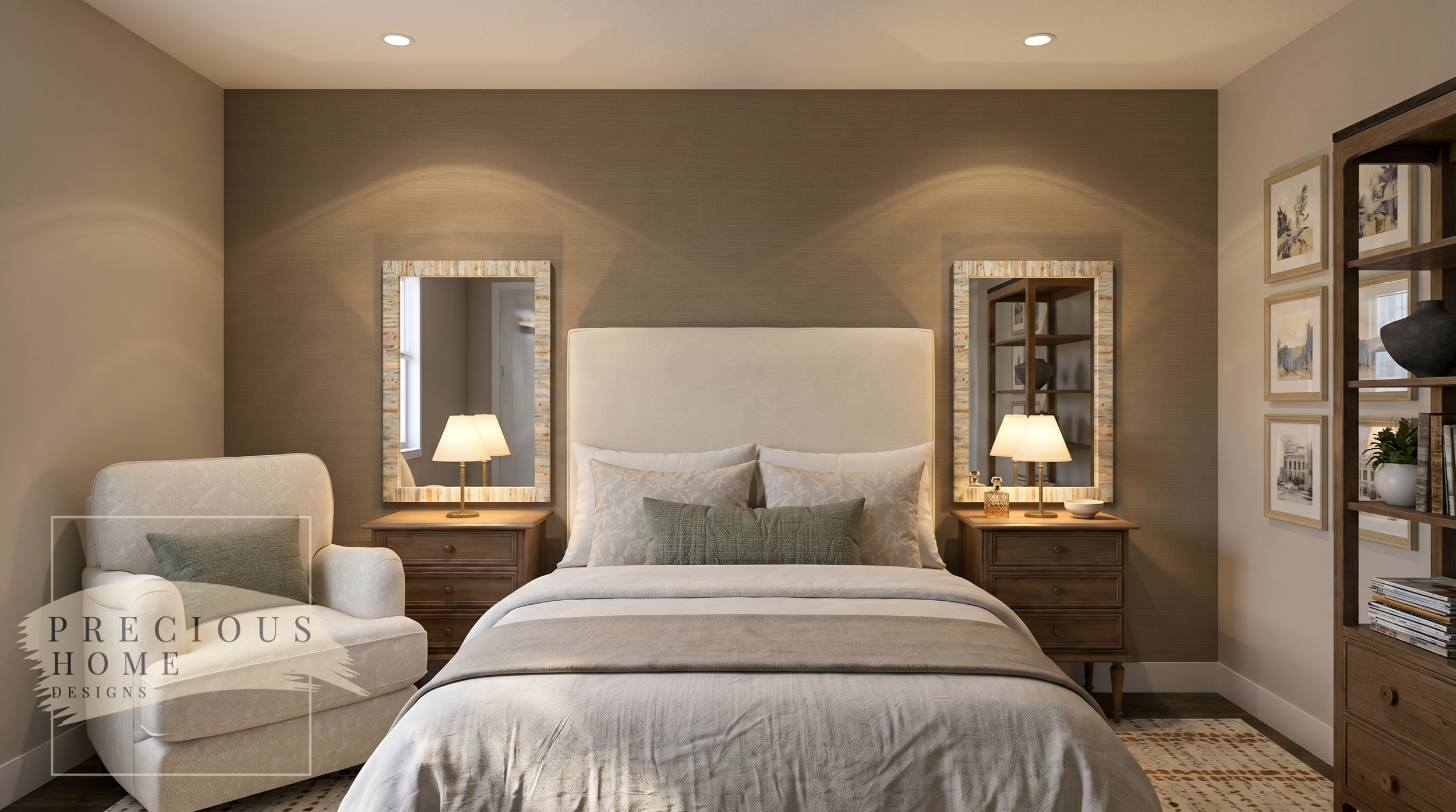 This serene primary bedroom combines soft neutral tones, layered textures, and warm wood furnishings to create a calming retreat. A custom reading nook, textured accent wall, and carefully curated artwork add character while maintaining a timeless ae