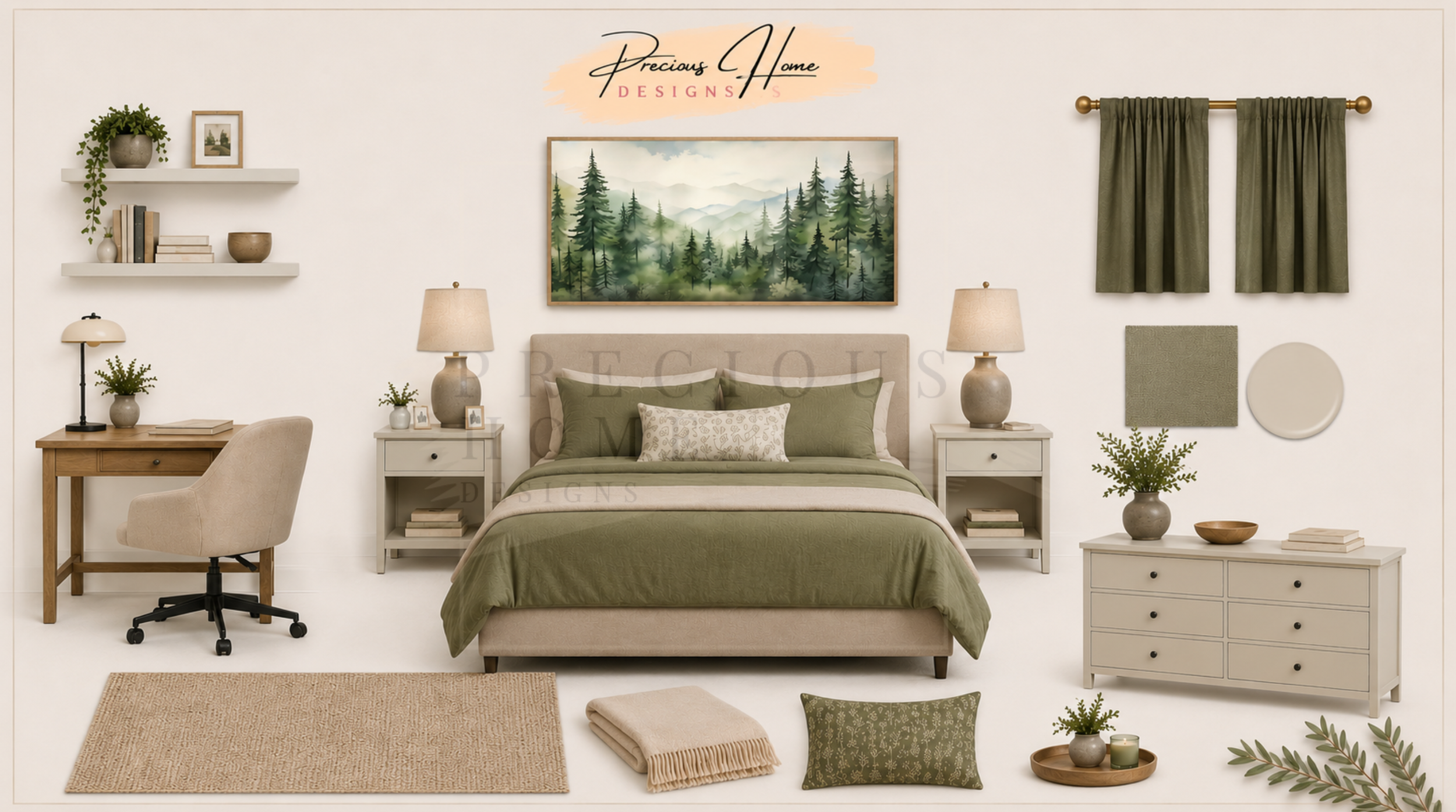 The primary bedroom was designed to evoke the tranquility of a woodland retreat. Sage green bedding, warm wood furnishings, and nature-inspired artwork create a relaxing atmosphere while maintaining the comfort and functionality expected in a luxury 