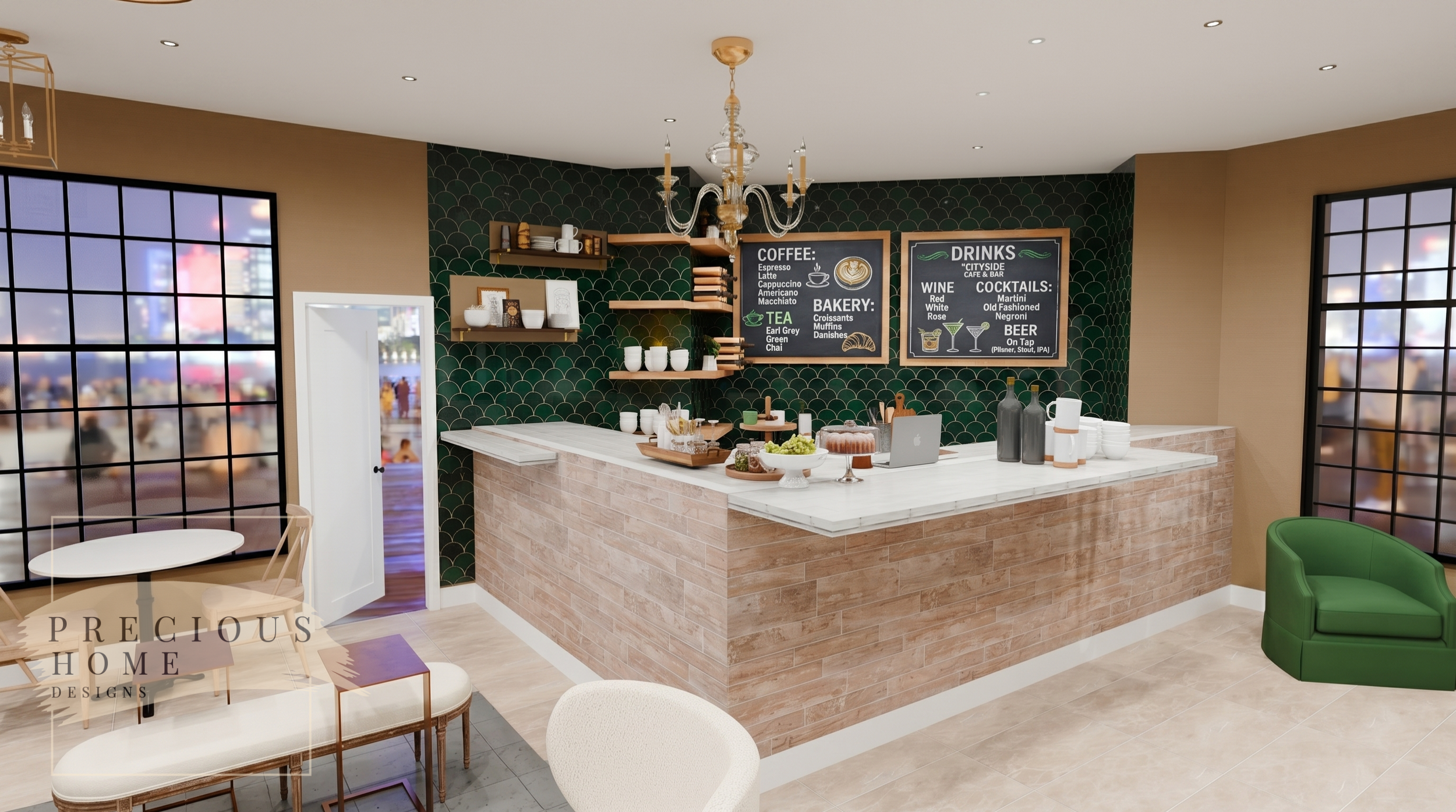 The bakery counter serves as the focal point of the space, featuring custom tile detailing, open shelving, premium display areas, and a layout designed to streamline service operations.