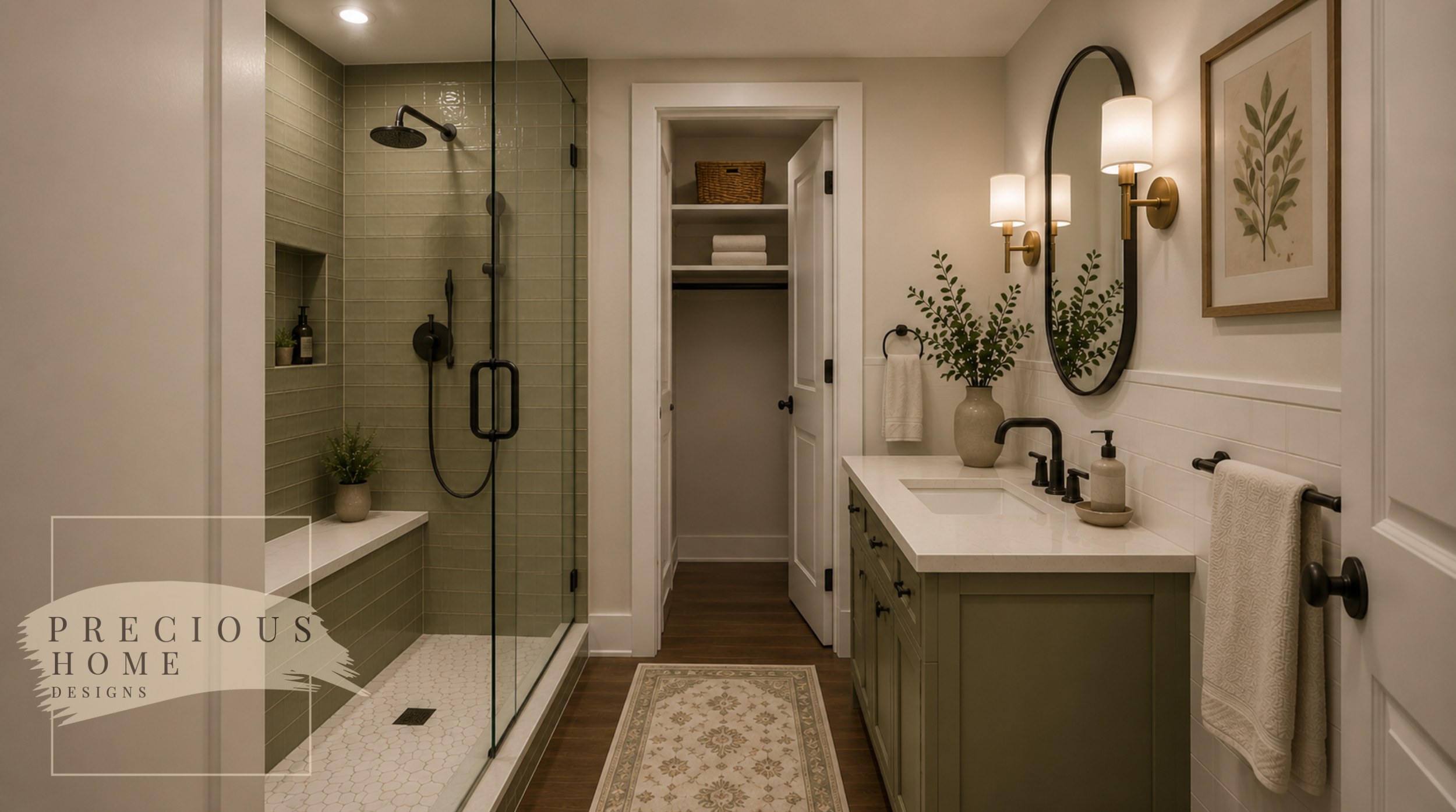 This boutique bathroom features sage green wall tile, a custom vanity, quartz countertops, and matte black fixtures for a modern yet timeless aesthetic. Thoughtful storage solutions and a walk-in shower maximize functionality while creating a spa-lik