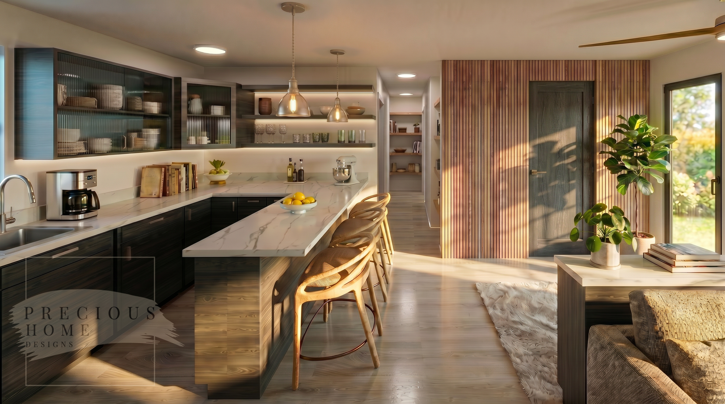 This thoughtfully designed kitchen maximizes every square foot with open shelving, glass-front upper cabinets, and a multifunctional peninsula for dining and entertaining. Reclaimed wood accent walls and a concealed pocket door add warmth and charact